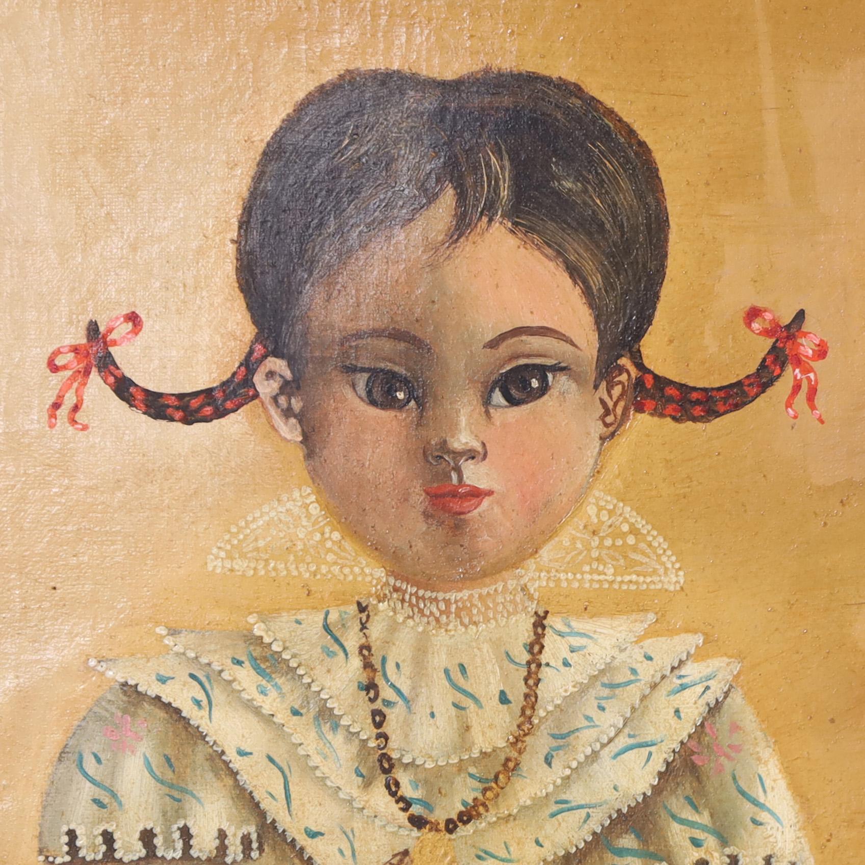Hand-Painted Agipito Labios Folk Art Painting of a Girl with Dogs