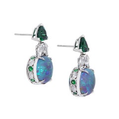 AGL 10.35 Cts Black Crystal Opal, 7.62 Cts Tsavorite & Diamond Platinum Earrings
