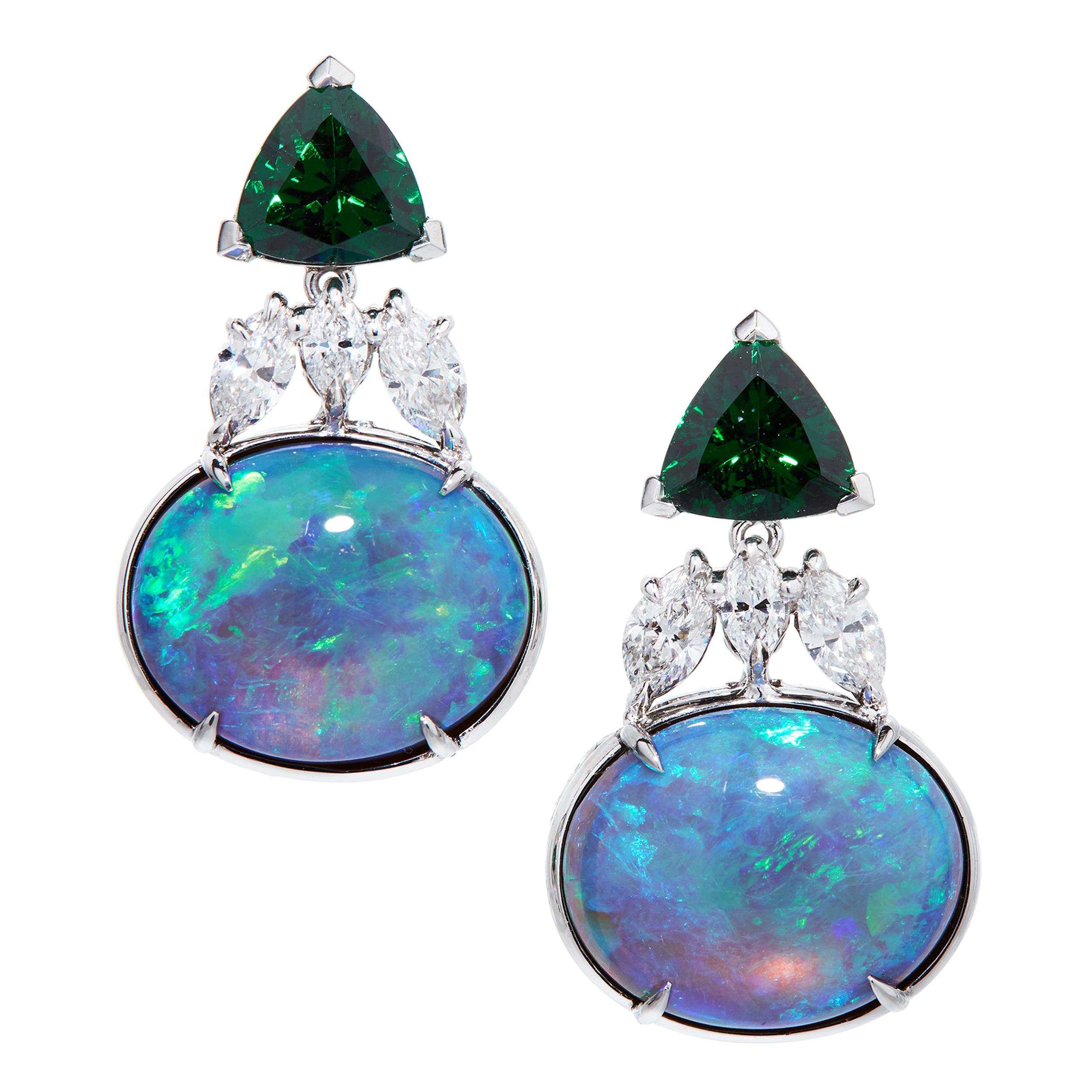 AGL 10.35 Cts Black Crystal Opal, 7.62 Cts Tsavorite & Diamond Platinum Earrings For Sale