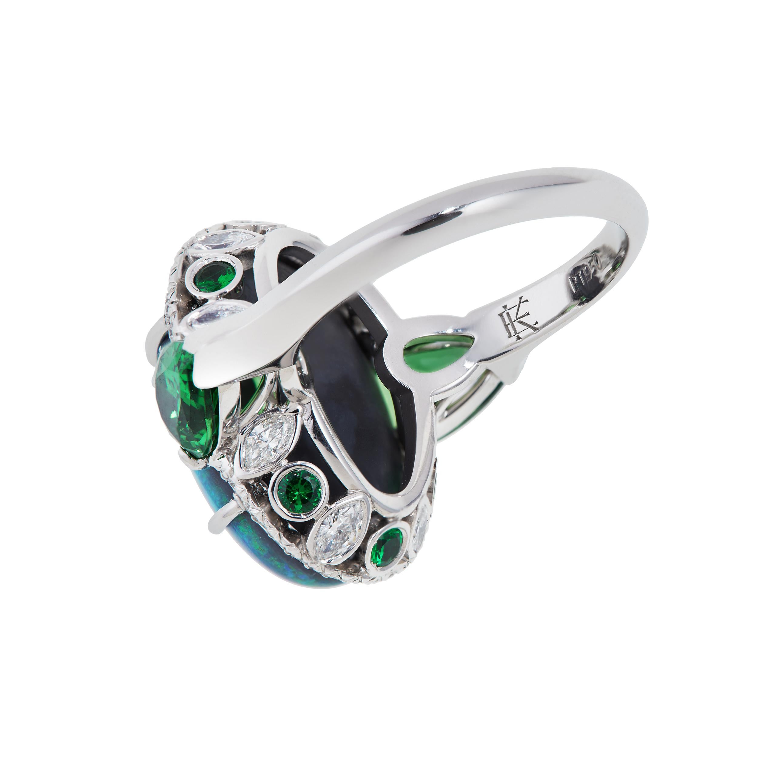 Modern AGL 10.99 Carat Black Opal Ring with 4.36 Cts Tsavorite and Diamond in Platinum For Sale