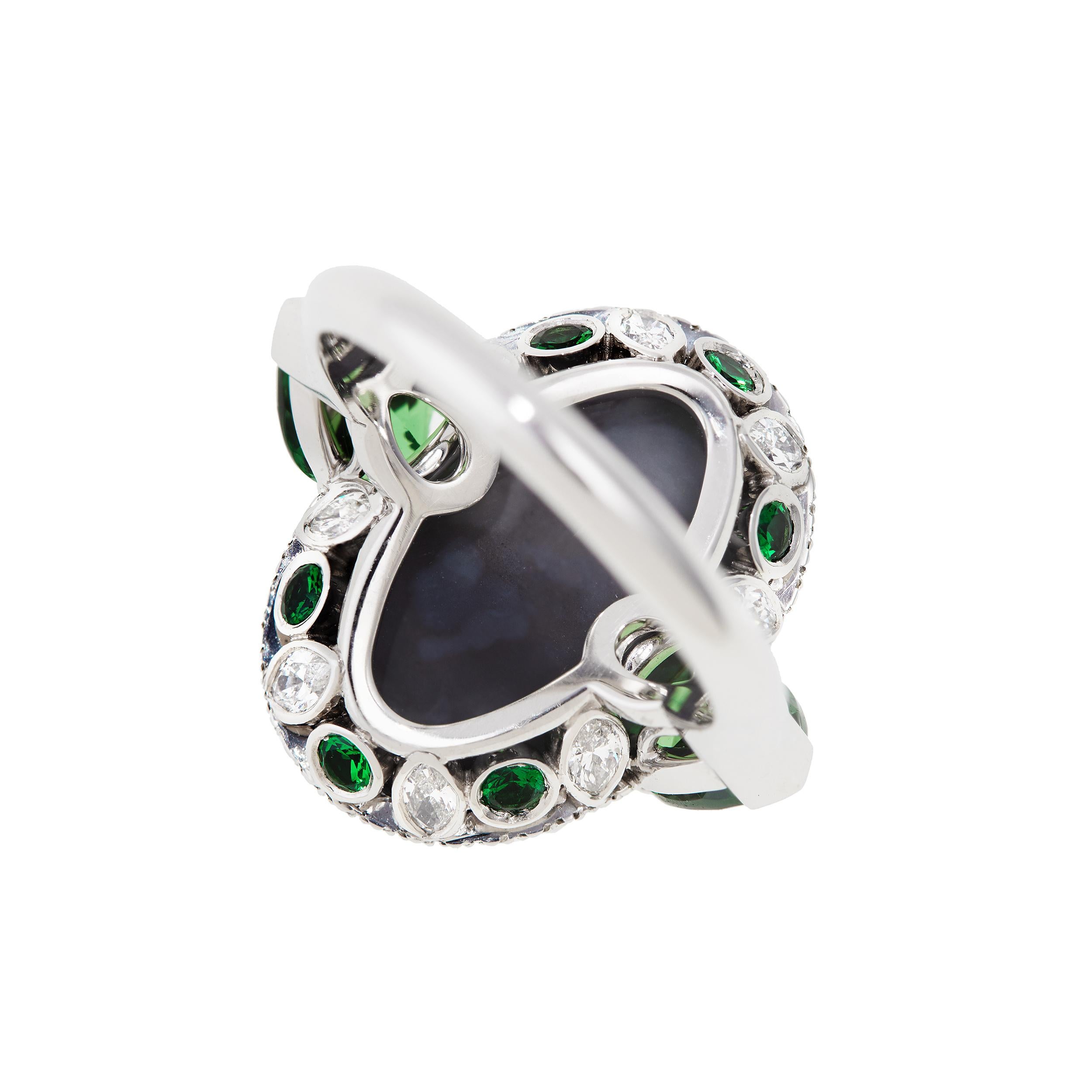 Cabochon AGL 10.99 Carat Black Opal Ring with 4.36 Cts Tsavorite and Diamond in Platinum For Sale