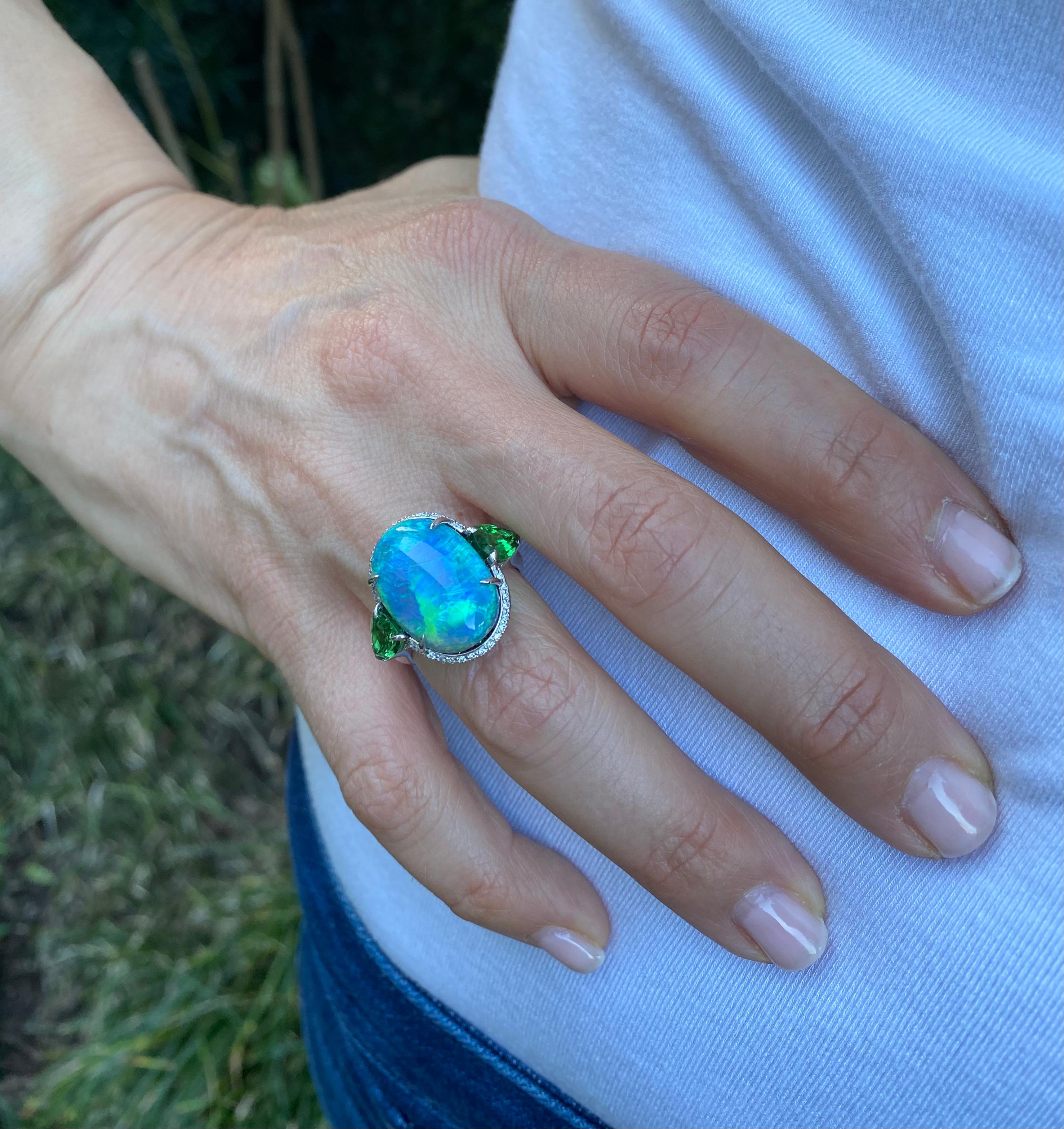 AGL 10.99 Carat Black Opal Ring with 4.36 Cts Tsavorite and Diamond in Platinum In New Condition For Sale In Southport, CT