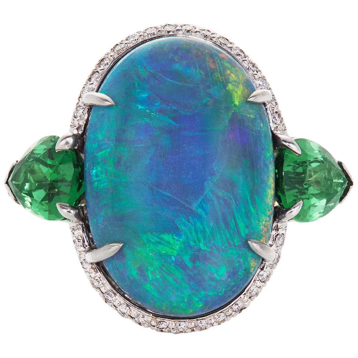 AGL 10.99 Carat Black Opal Ring with 4.36 Cts Tsavorite and Diamond in Platinum For Sale