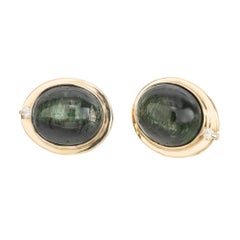 AGL 14.00 Carat Oval Green Tourmaline Cats Eye Diamond Gold Clip Post Earrings