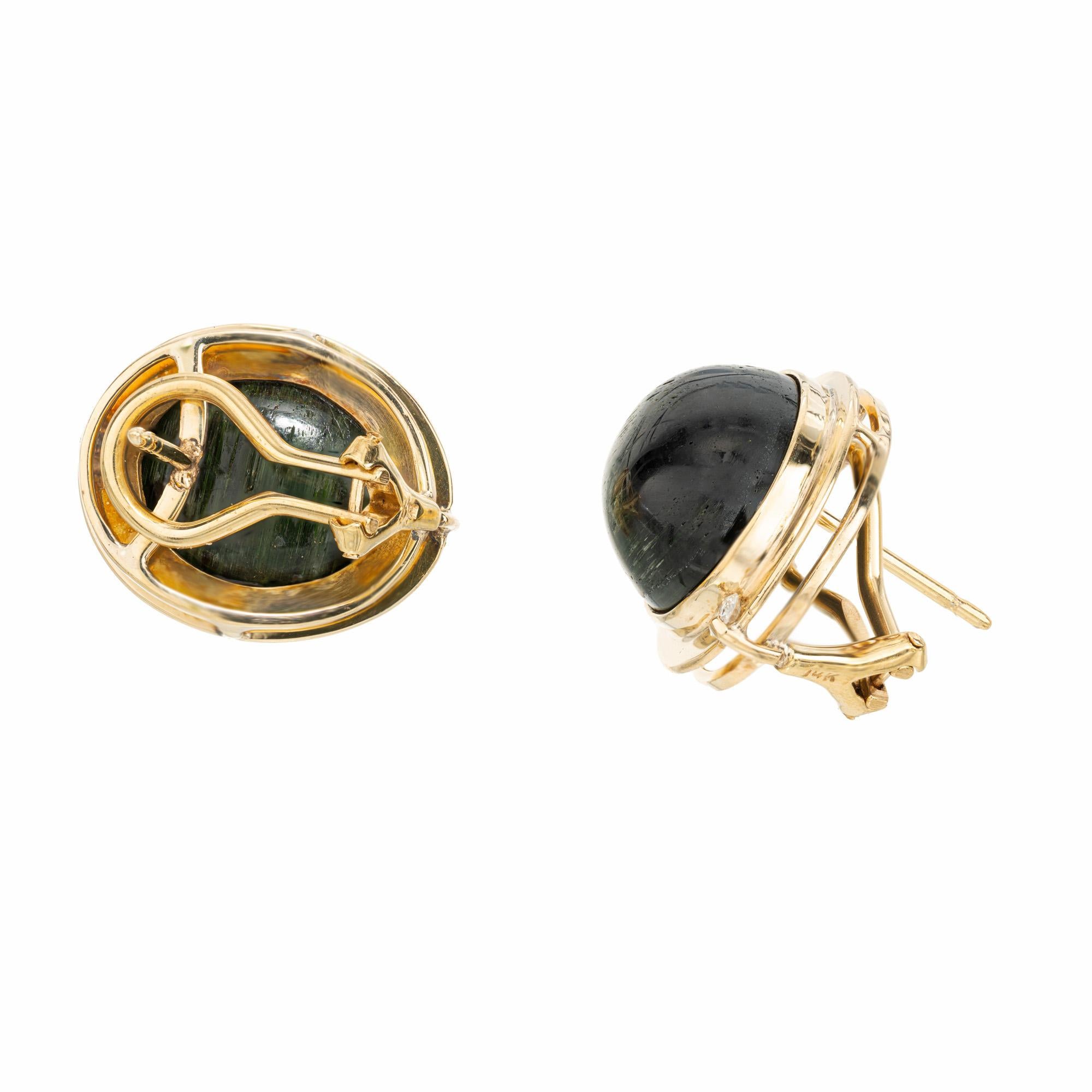 AGL 14.00 Carat Oval Green Tourmaline Cats Eye Diamond Gold Clip Post Earrings In Good Condition For Sale In Stamford, CT