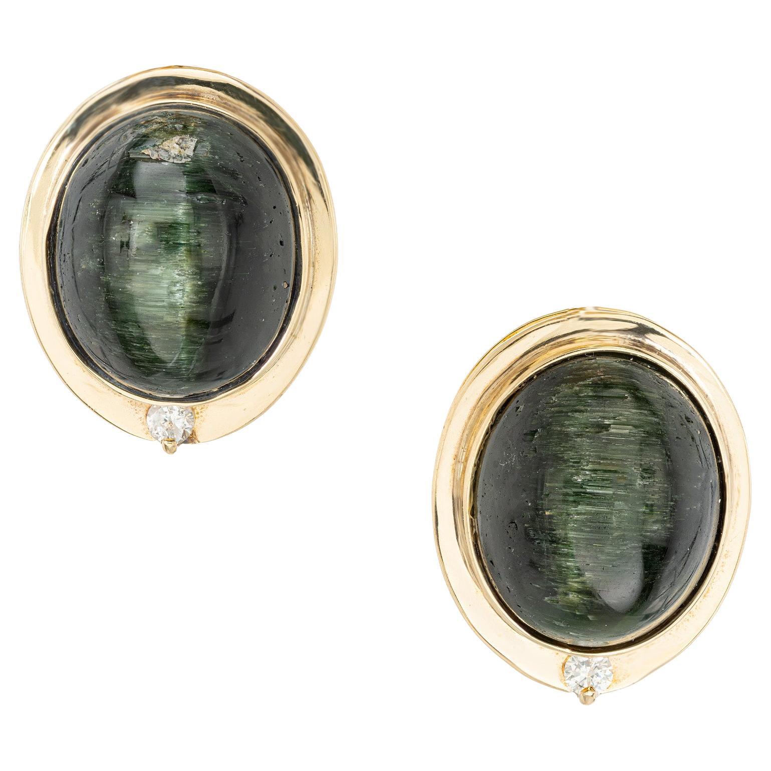 AGL 14.00 Carat Oval Green Tourmaline Cats Eye Diamond Gold Clip Post Earrings