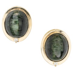 AGL 14.00 Carat Oval Green Tourmaline Cats Eye Diamond Gold Clip Post Earrings