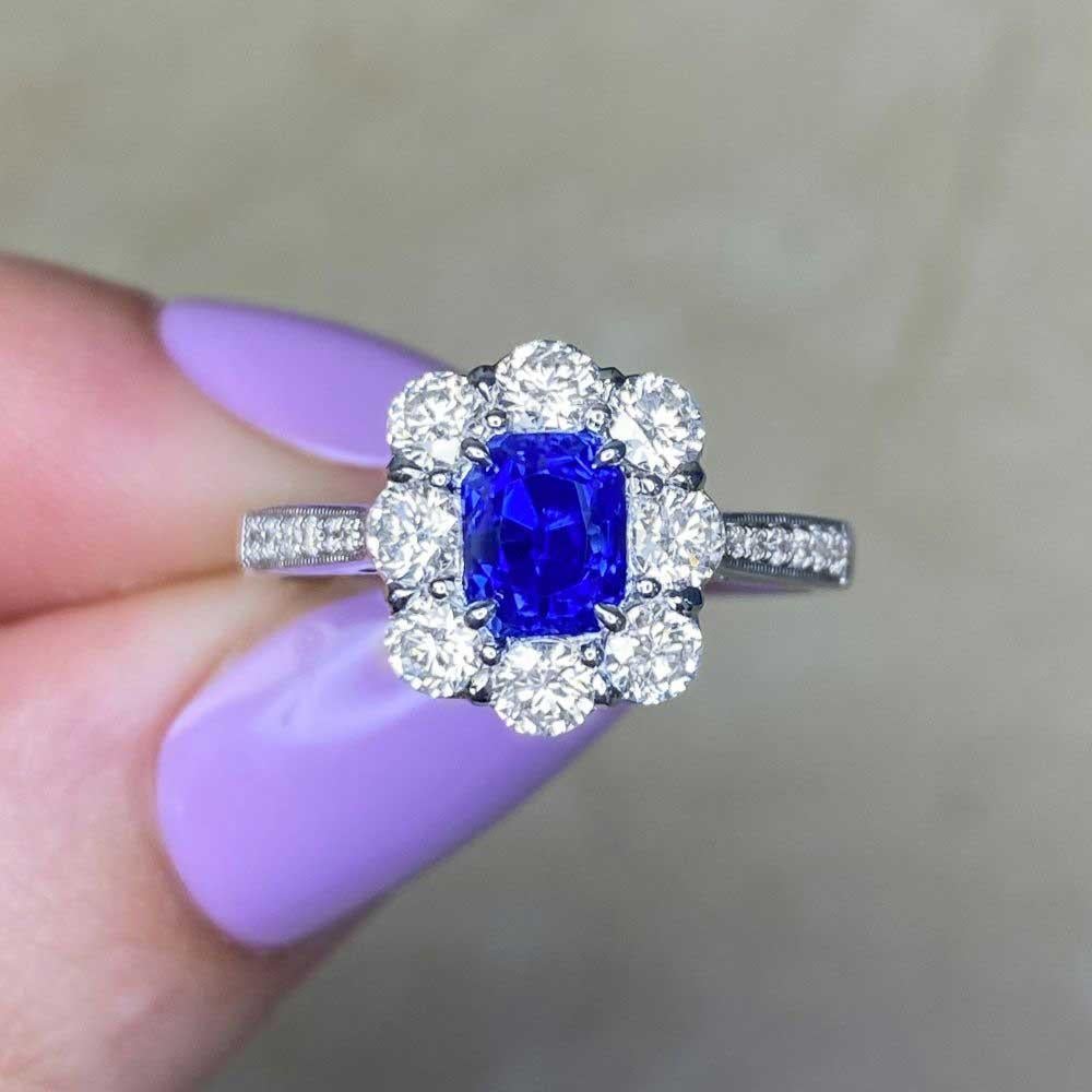 AGL 1.45ct Cushion Cut Kashmir Sapphire Engagement Ring, Diamond Halo, Platinum For Sale 5