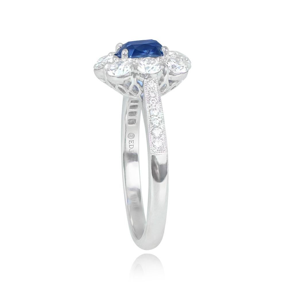 Art Deco AGL 1.45ct Cushion Cut Kashmir Sapphire Engagement Ring, Diamond Halo, Platinum For Sale