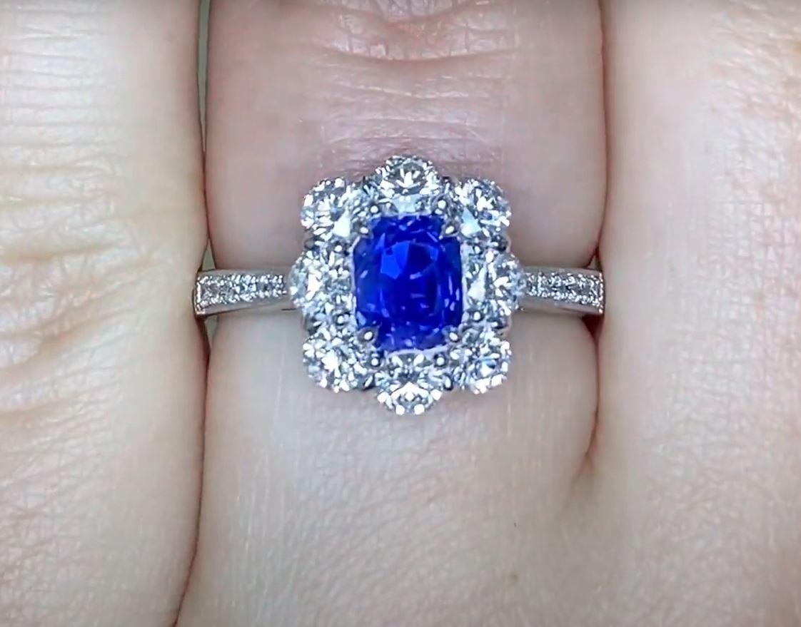 Women's AGL 1.45ct Cushion Cut Kashmir Sapphire Engagement Ring, Diamond Halo, Platinum For Sale