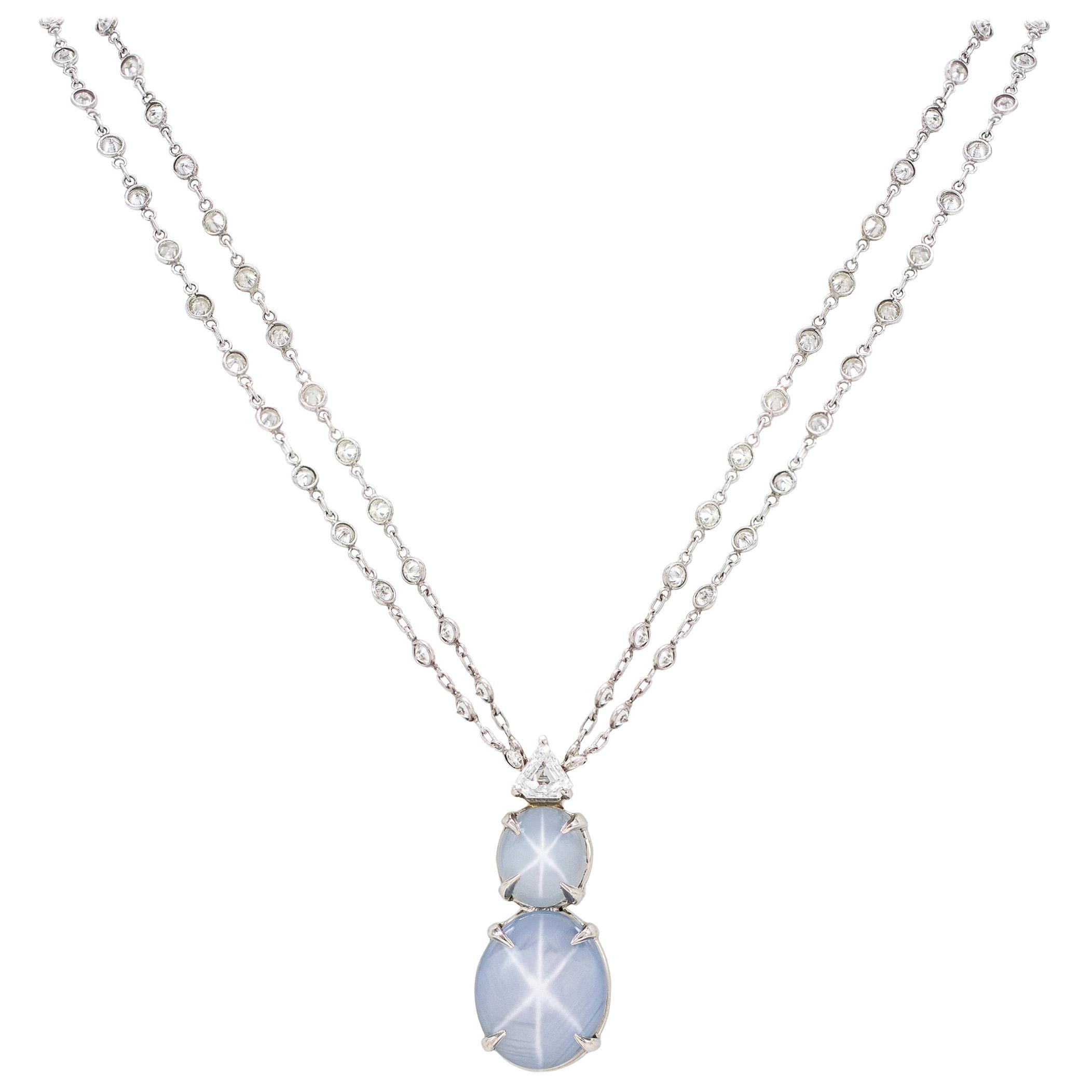AGL 16.22 Carat NO HEAT Natural Star Sapphire and Diamond Necklace Platinum For Sale