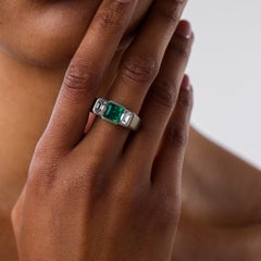 AGL 2.00 carat Colombian emerald diamond 14k white gold three stone ring