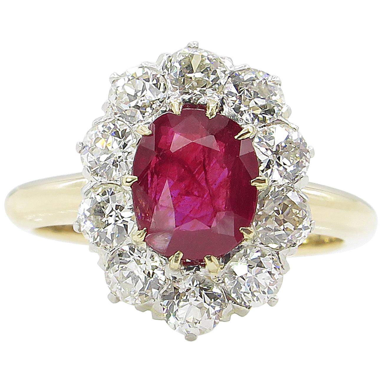 AGL 2.31 Carat Dark Red Burma Ruby Diamond Engagement Ring in Yellow Gold
