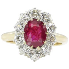 Antique AGL 2.31 Carat Dark Red Burma Ruby Diamond Engagement Ring in Yellow Gold