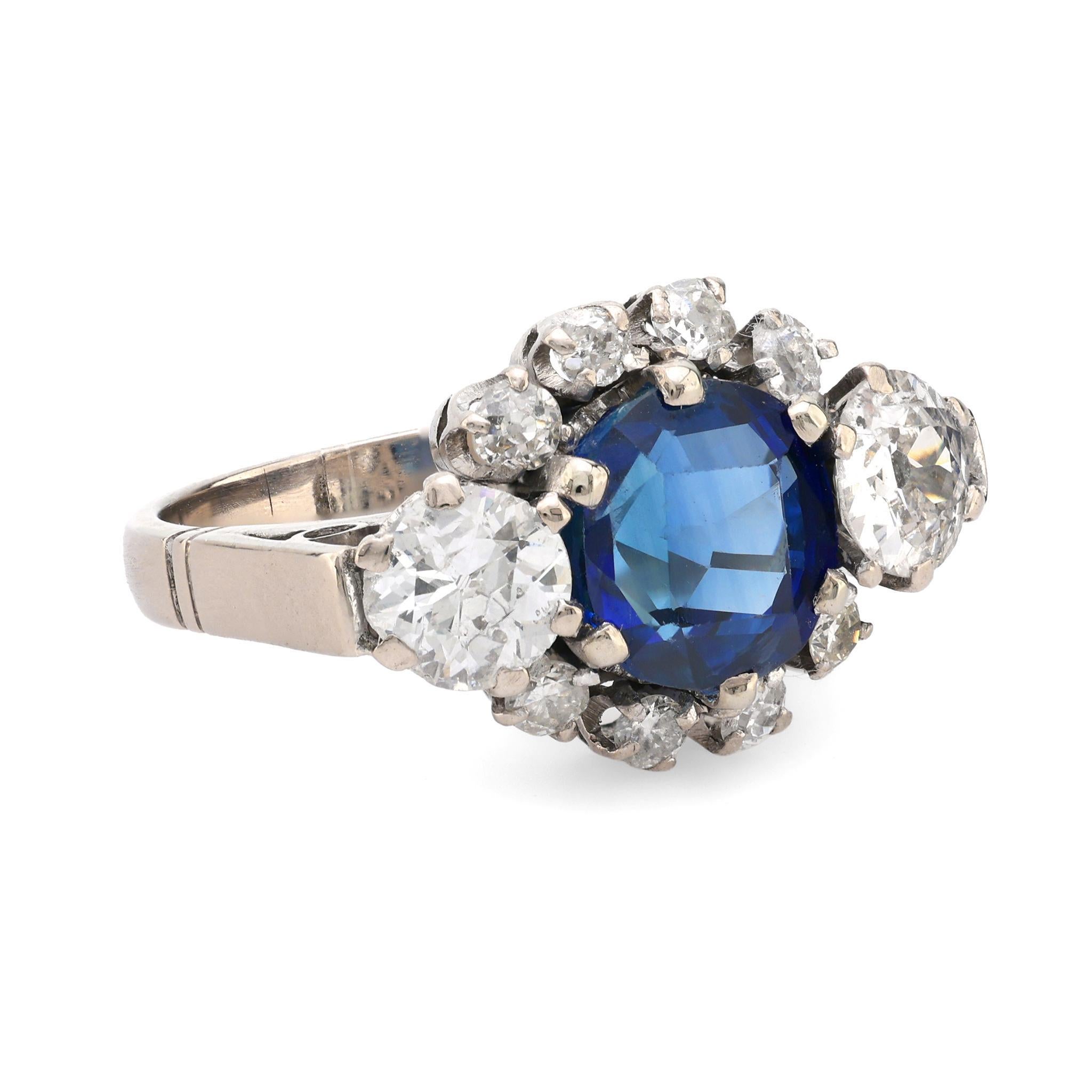Art Deco AGL 2.88 carat no heat sapphire diamond 14k white gold ring