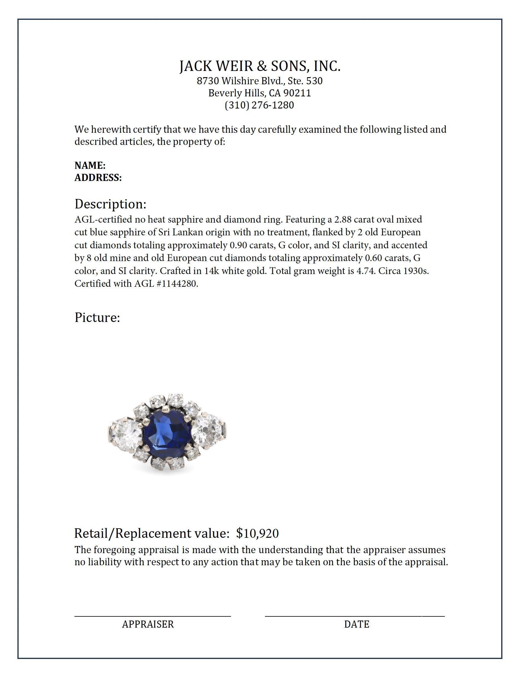 AGL 2.88 carat no heat sapphire diamond 14k white gold ring In Excellent Condition In Beverly Hills, CA