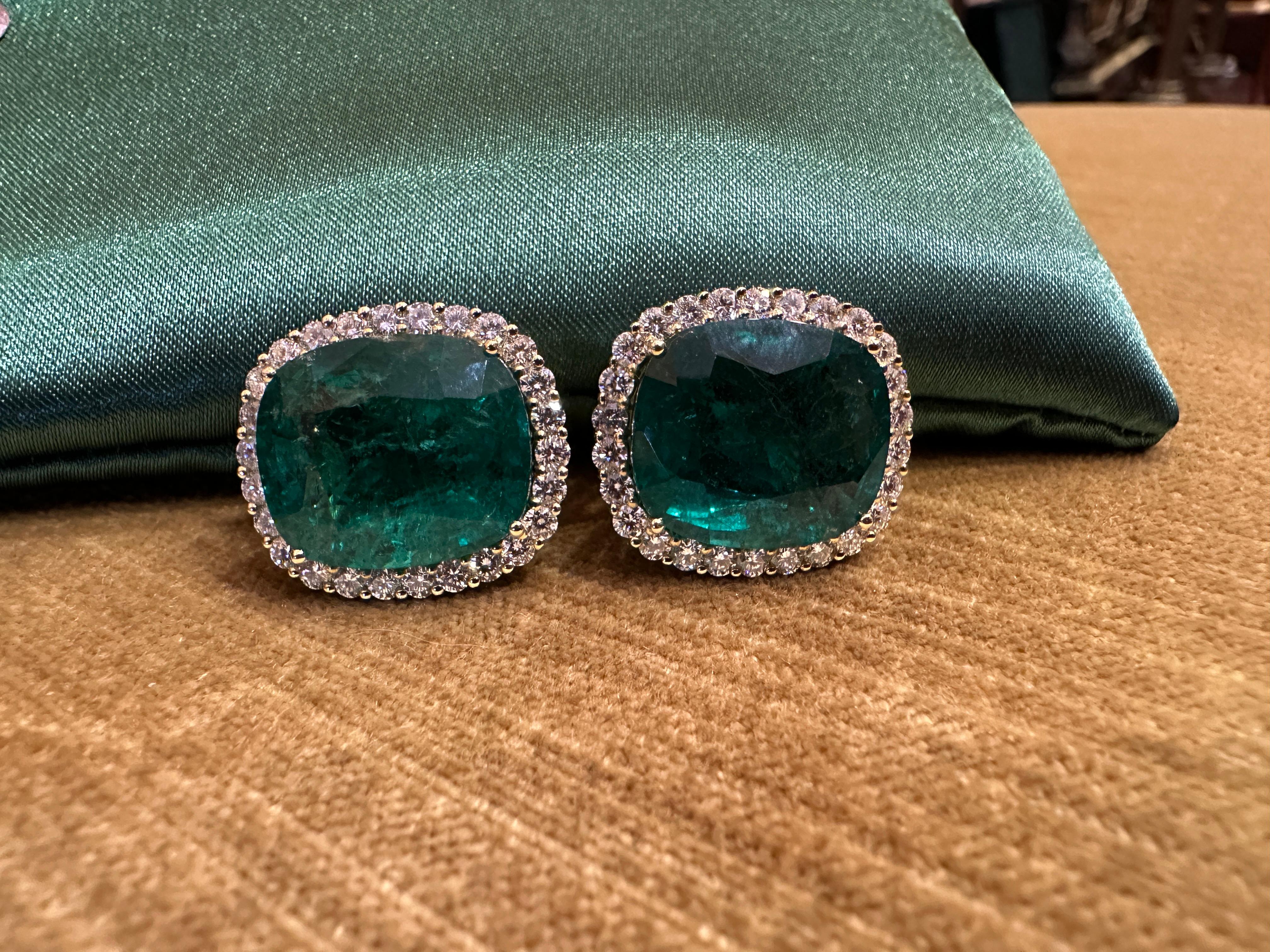 Modern AGL 29.15cts Cushion Emerald Halo Diamond Earrings 18k Yellow Gold For Sale