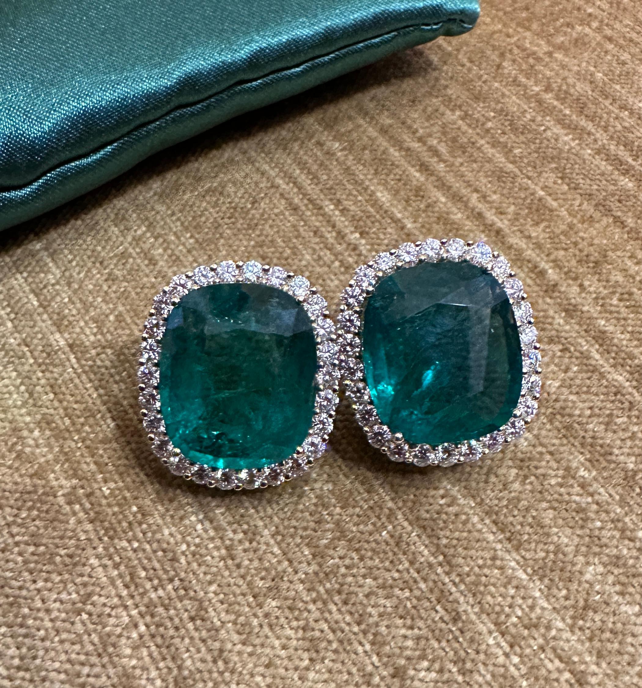 Cushion Cut AGL 29.15cts Cushion Emerald Halo Diamond Earrings 18k Yellow Gold For Sale
