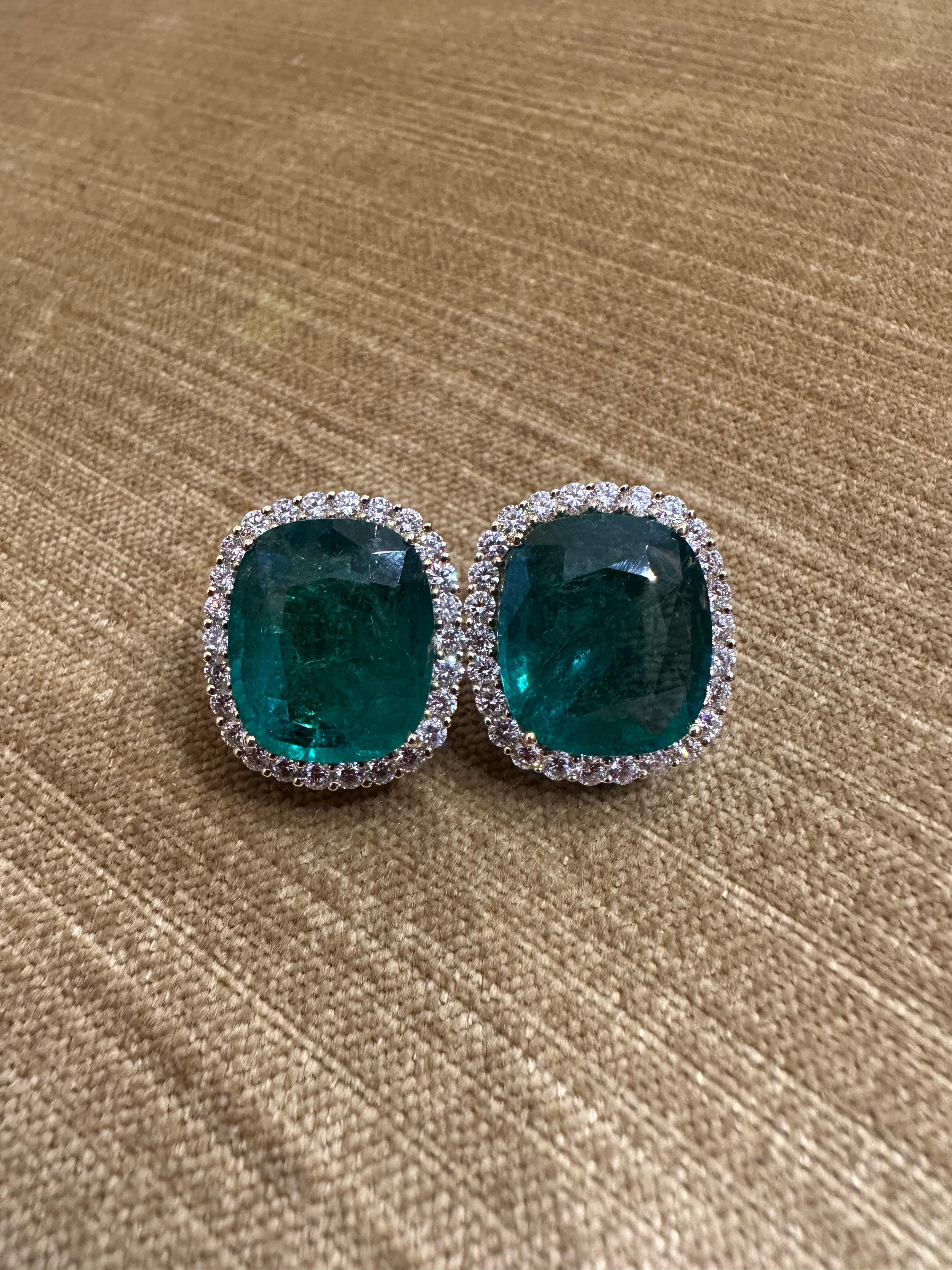 AGL 29.15cts Cushion Emerald Halo Diamond Earrings 18k Yellow Gold For Sale 1