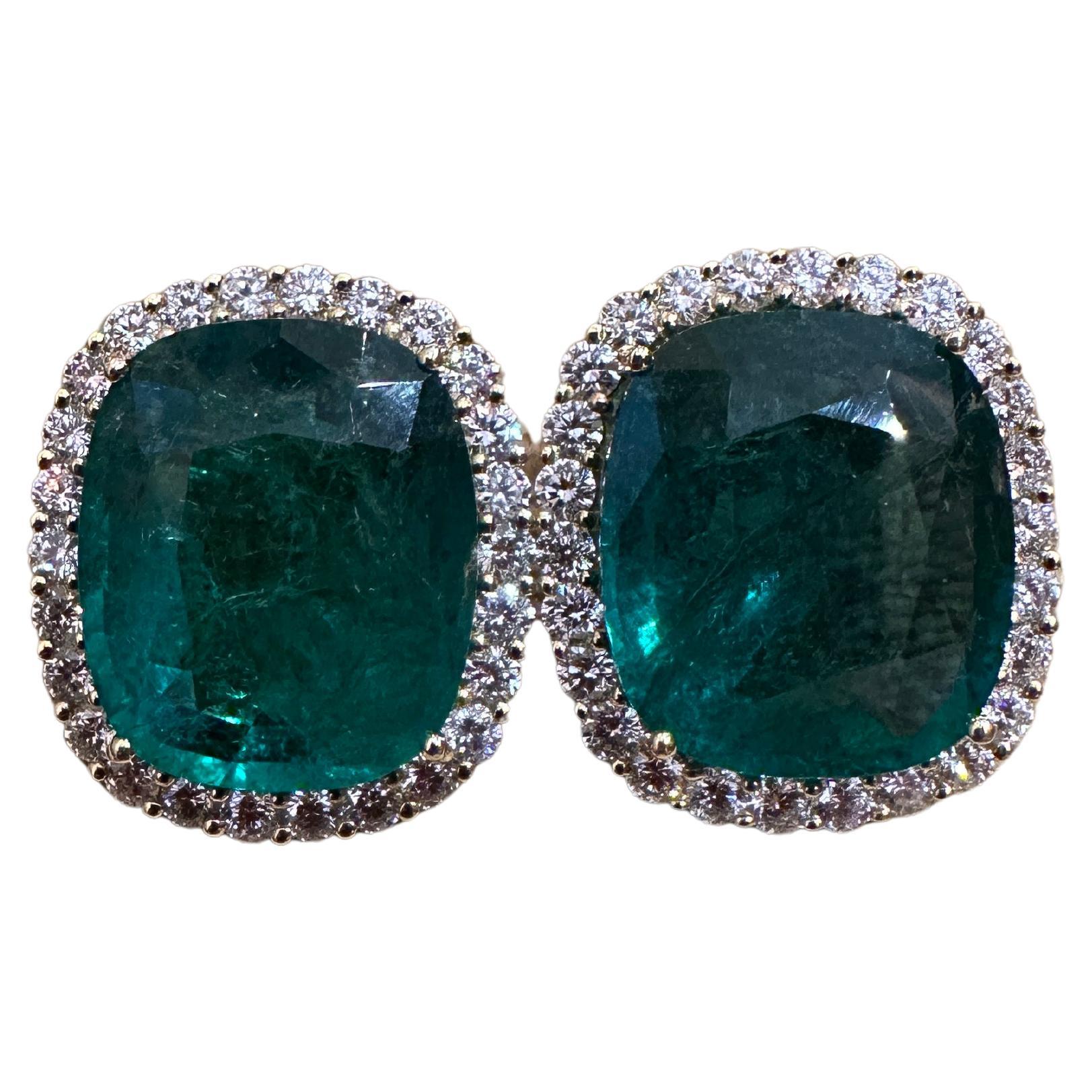 AGL 29.15cts Cushion Emerald Halo Diamond Earrings 18k Yellow Gold