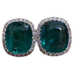 Retro AGL 29.15cts Cushion Emerald Halo Diamond Earrings 18k Yellow Gold