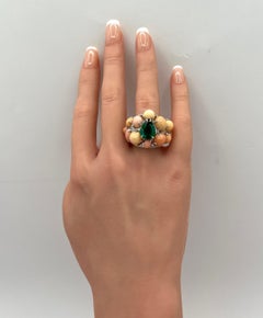 AGL Brazilian Paraiba, Conch Pearls & Pave Diamond Ring in 18K White Gold
