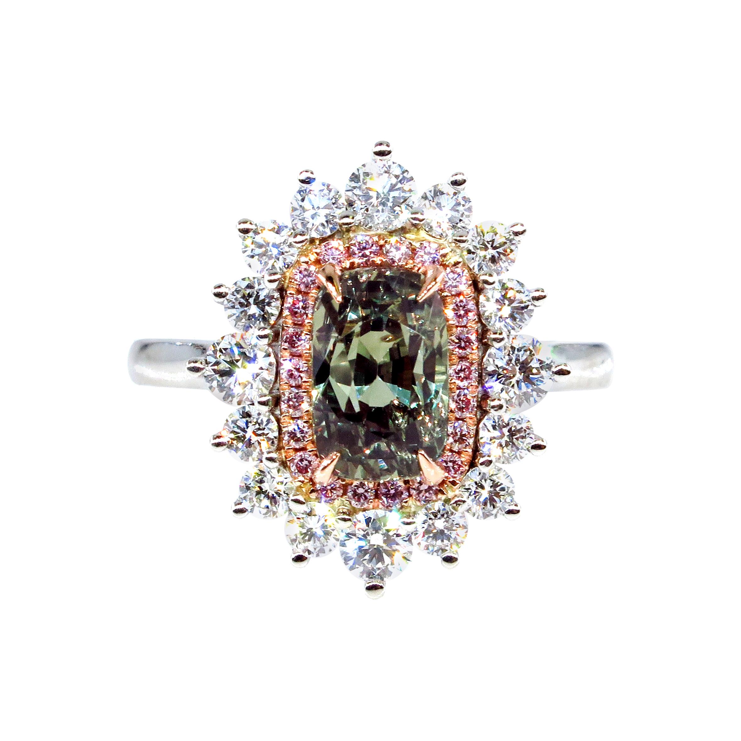 AGL 3.01 Carat Natural Alexandrite Fancy Pink Diamond Cluster Platinum Ring