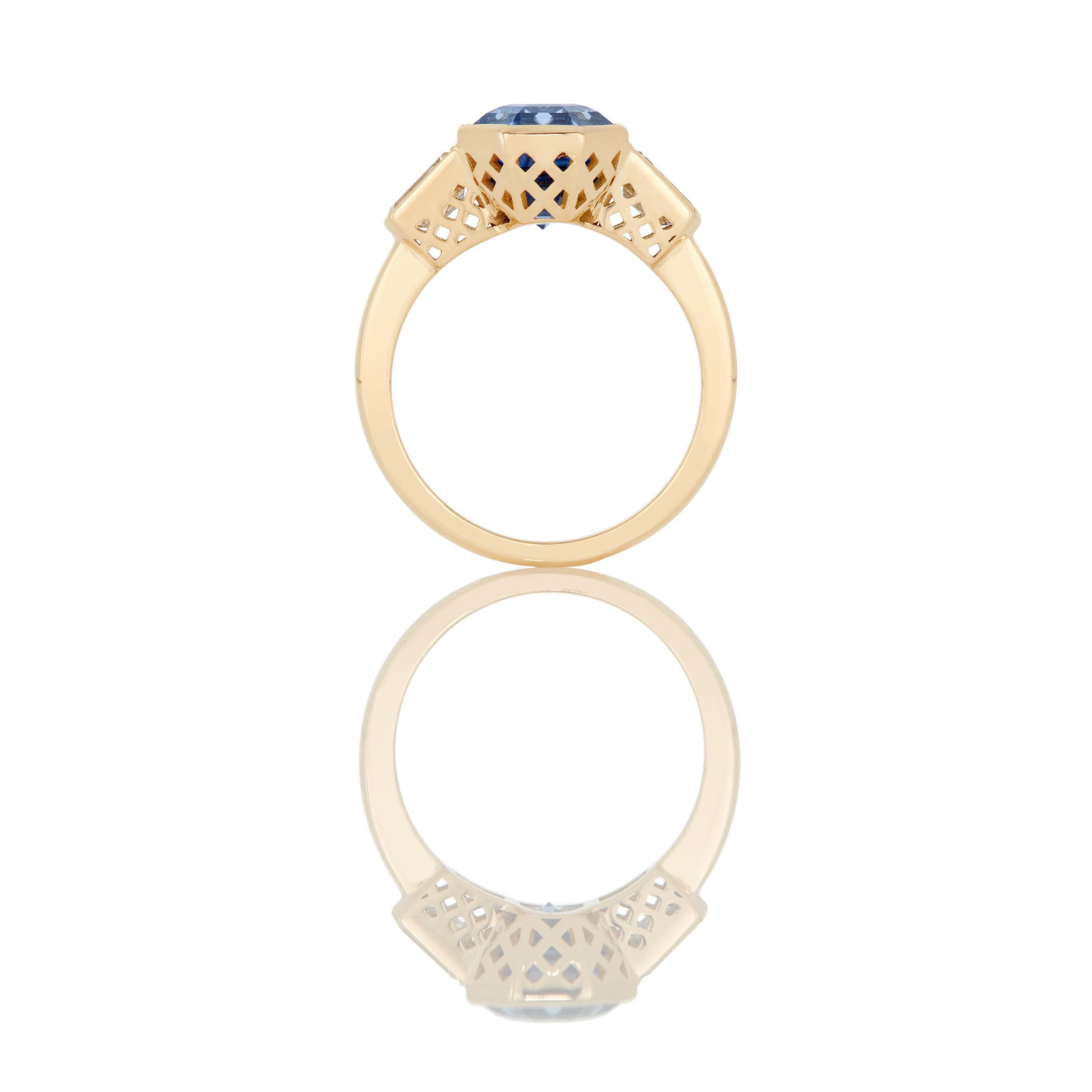 Octagon Cut AGL 4.07 Carats Octagonal Sapphire and Diamond Ring in 18 Karat Yellow Gold For Sale