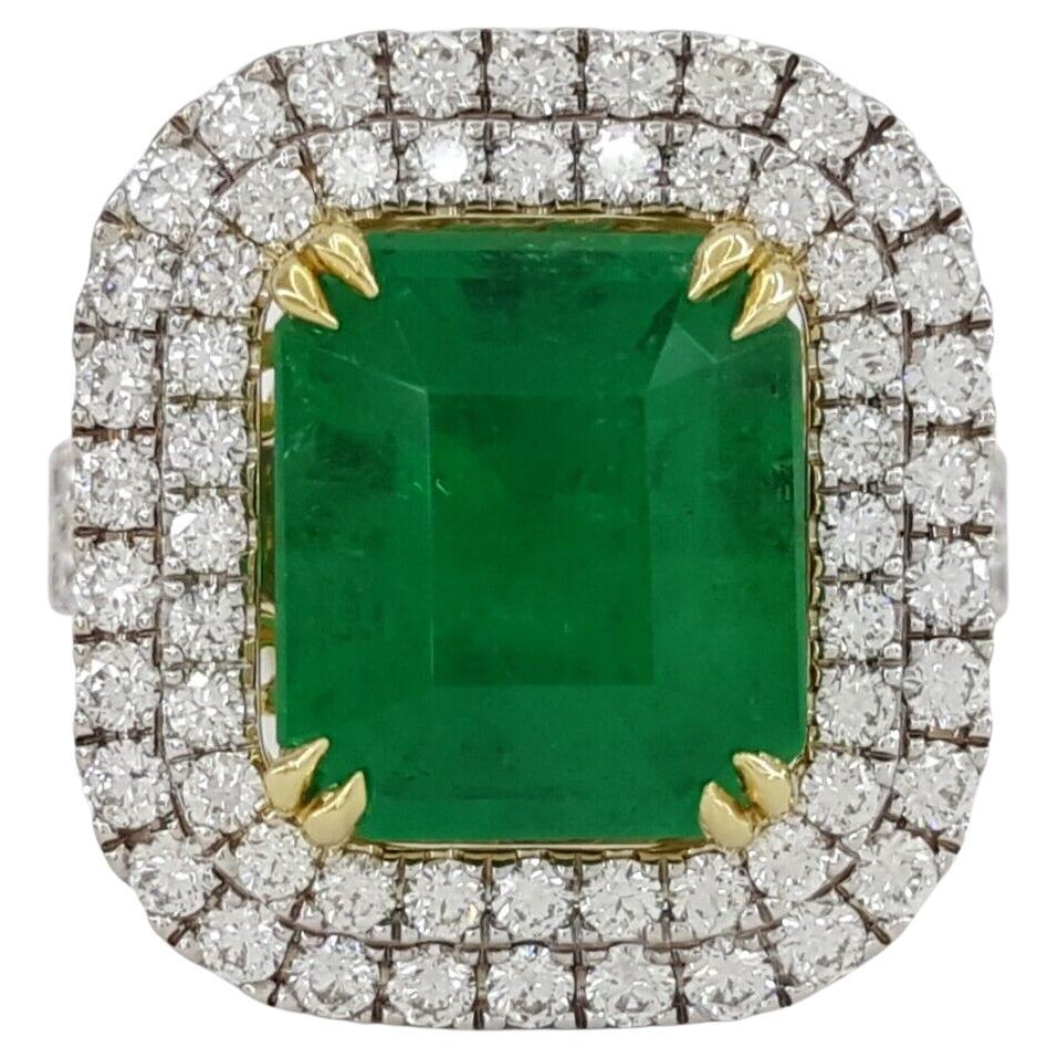 AGL 5 Carat Green Emerald Cut Natural Green Emerald & Round Diamond Ring For Sale