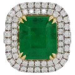 AGL 5 Carat Green Emerald Cut Natural Green Emerald & Round Diamond Ring