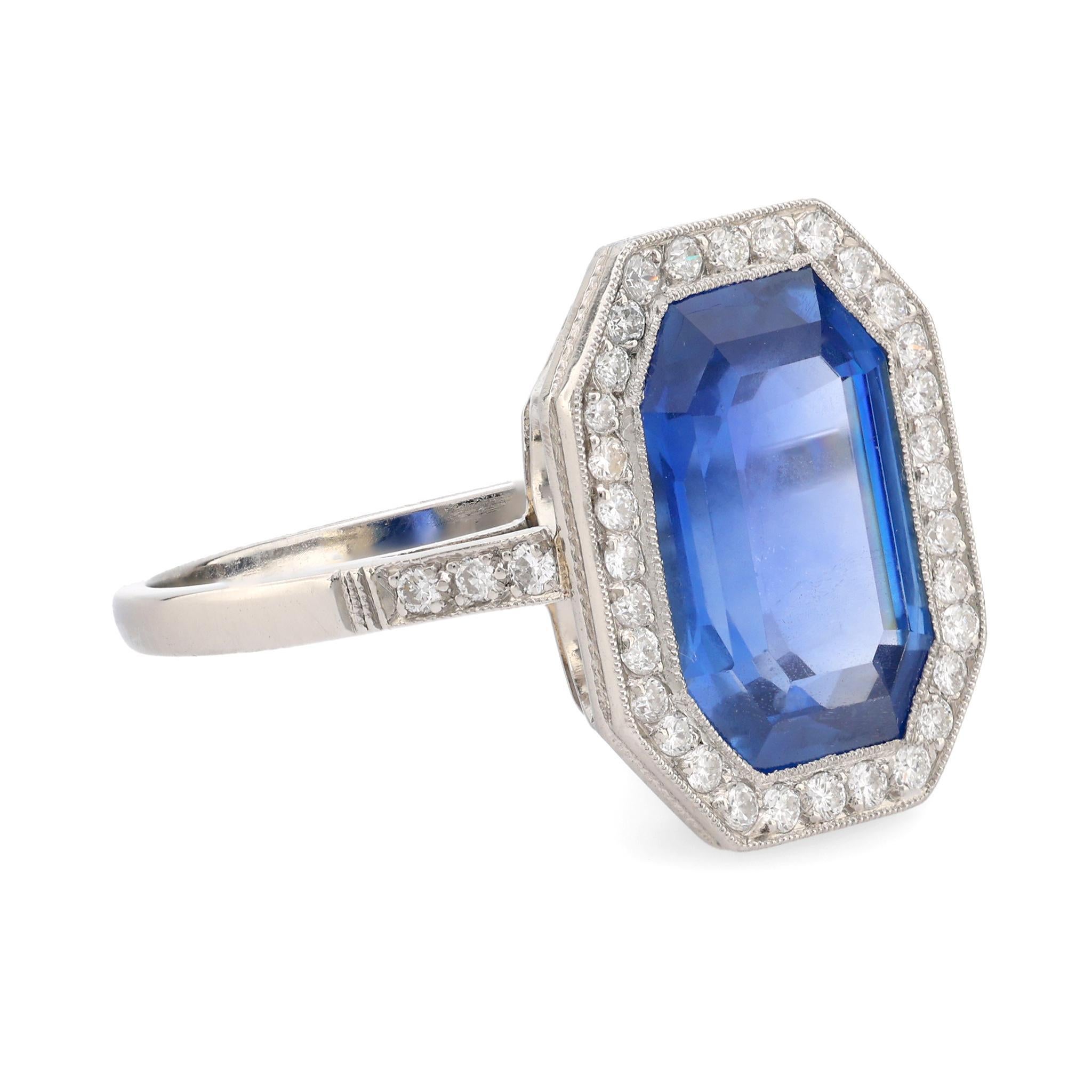 Modern AGL 5.01 carat emerald cut Burma no heat sapphire diamond platinum ring