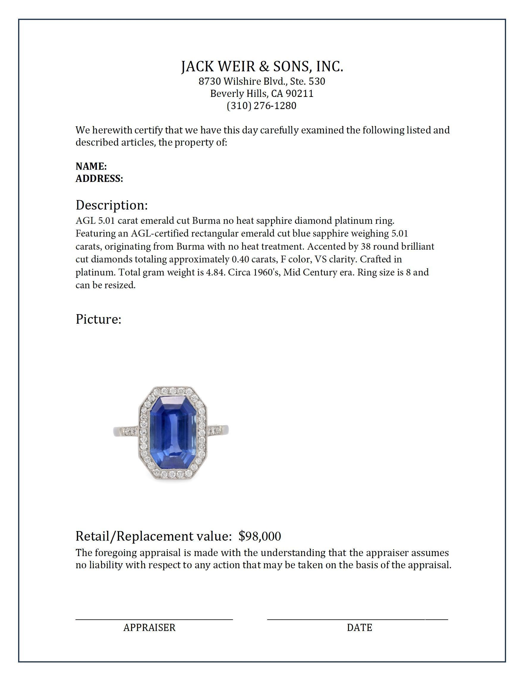 AGL 5.01 carat emerald cut Burma no heat sapphire diamond platinum ring In Excellent Condition In Beverly Hills, CA