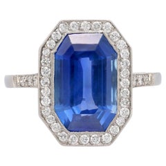 AGL 5.01 carat emerald cut Burma no heat sapphire diamond platinum ring