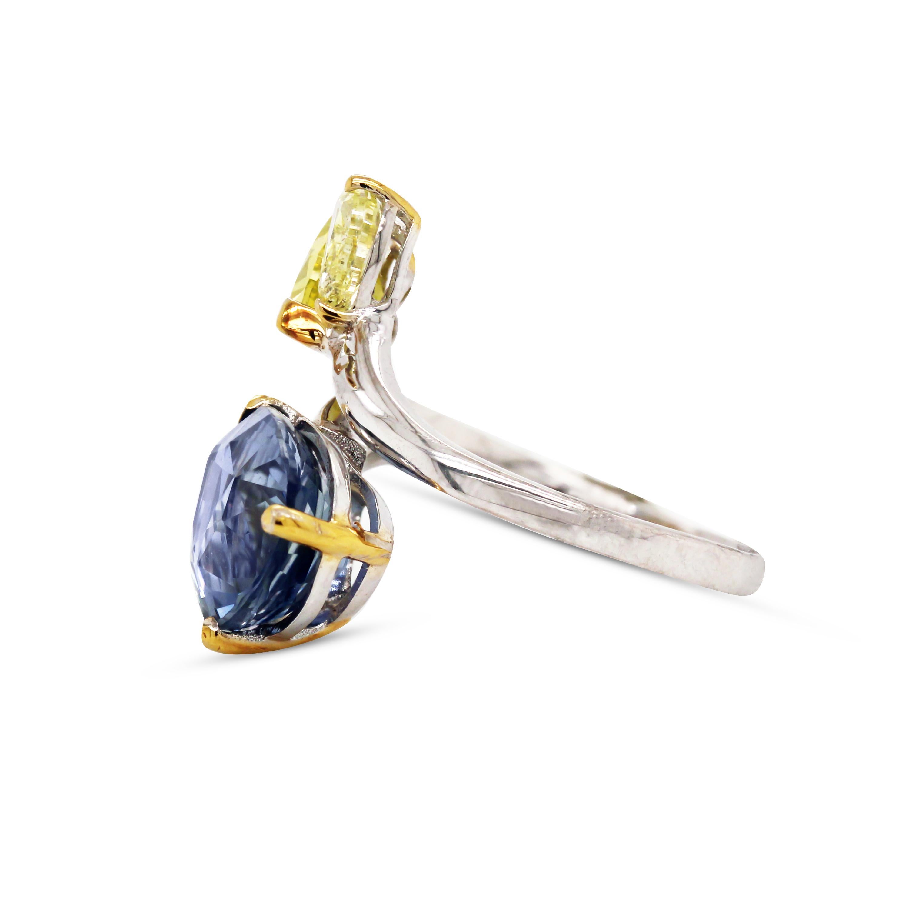 Pear Cut AGL 5.05 Carat Burma Blue Sapphire Fancy Yellow Diamond White Gold Cocktail Ring For Sale