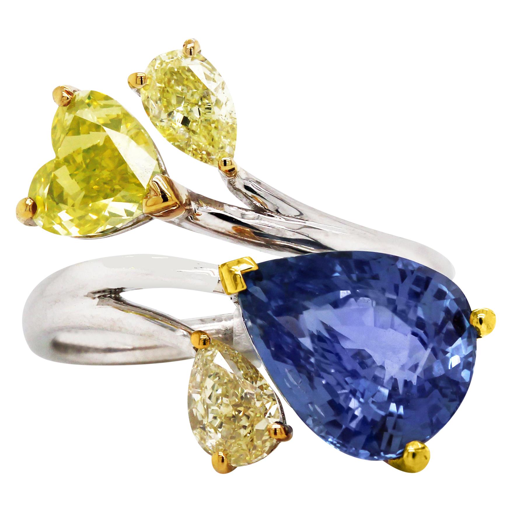 AGL 5.05 Carat Burma Blue Sapphire Fancy Yellow Diamond White Gold Cocktail Ring For Sale