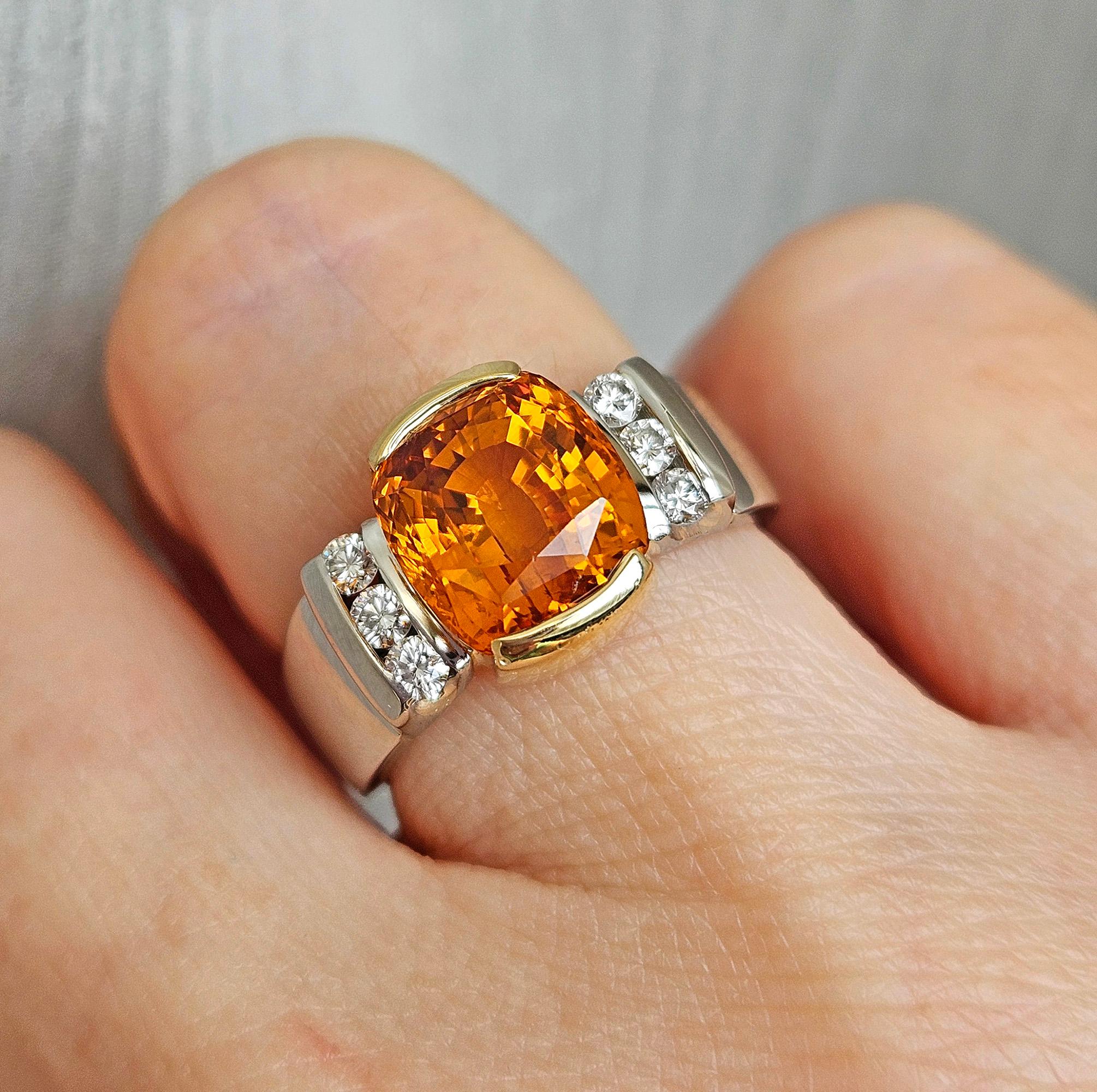 AGL 5.26ctw Natural Ceylon Orange Cushion Sapphire Diamond Platinum 18K Ring For Sale 4
