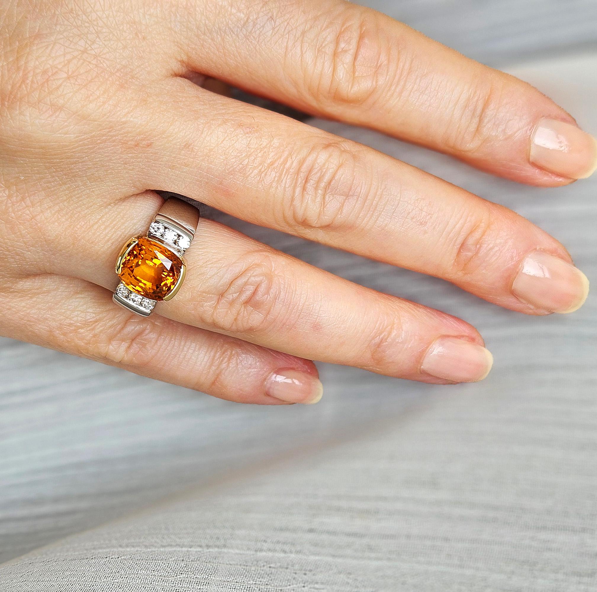 AGL 5.26ctw Natural Ceylon Orange Cushion Sapphire Diamond Platinum 18K Ring For Sale 6