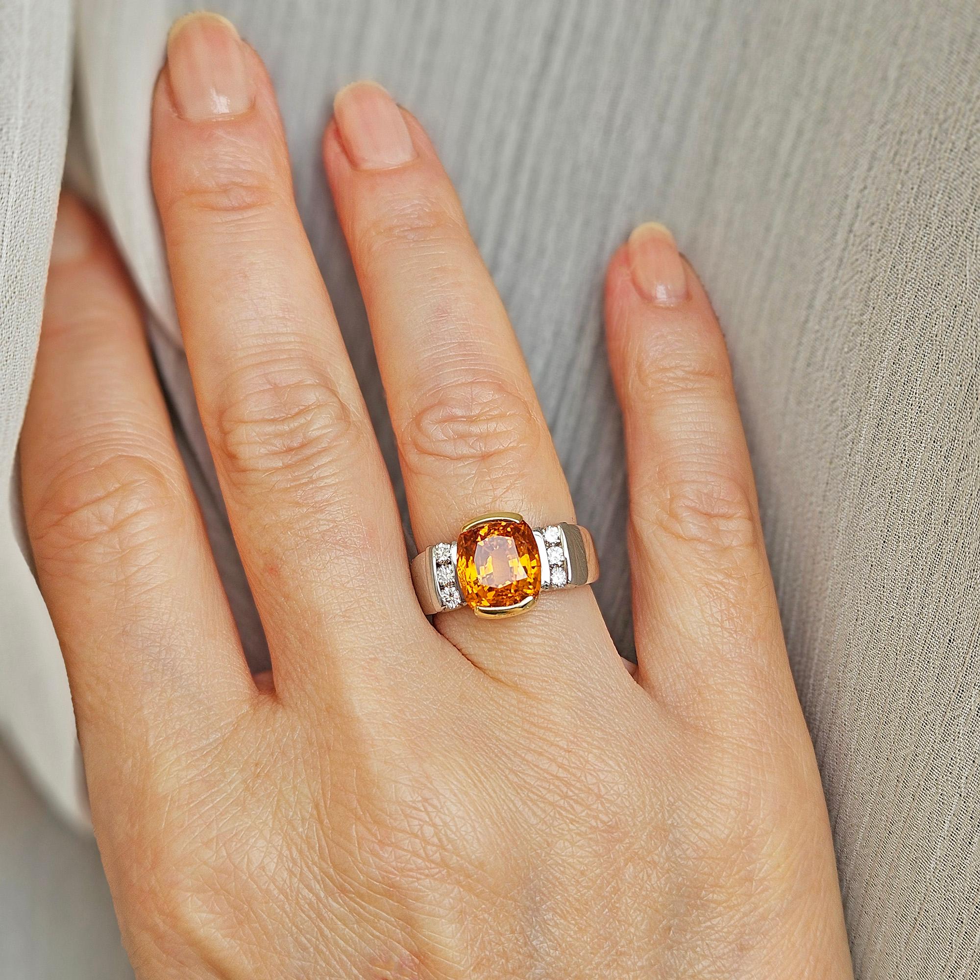 AGL 5.26ctw Natural Ceylon Orange Cushion Sapphire Diamond Platinum 18K Ring For Sale 8