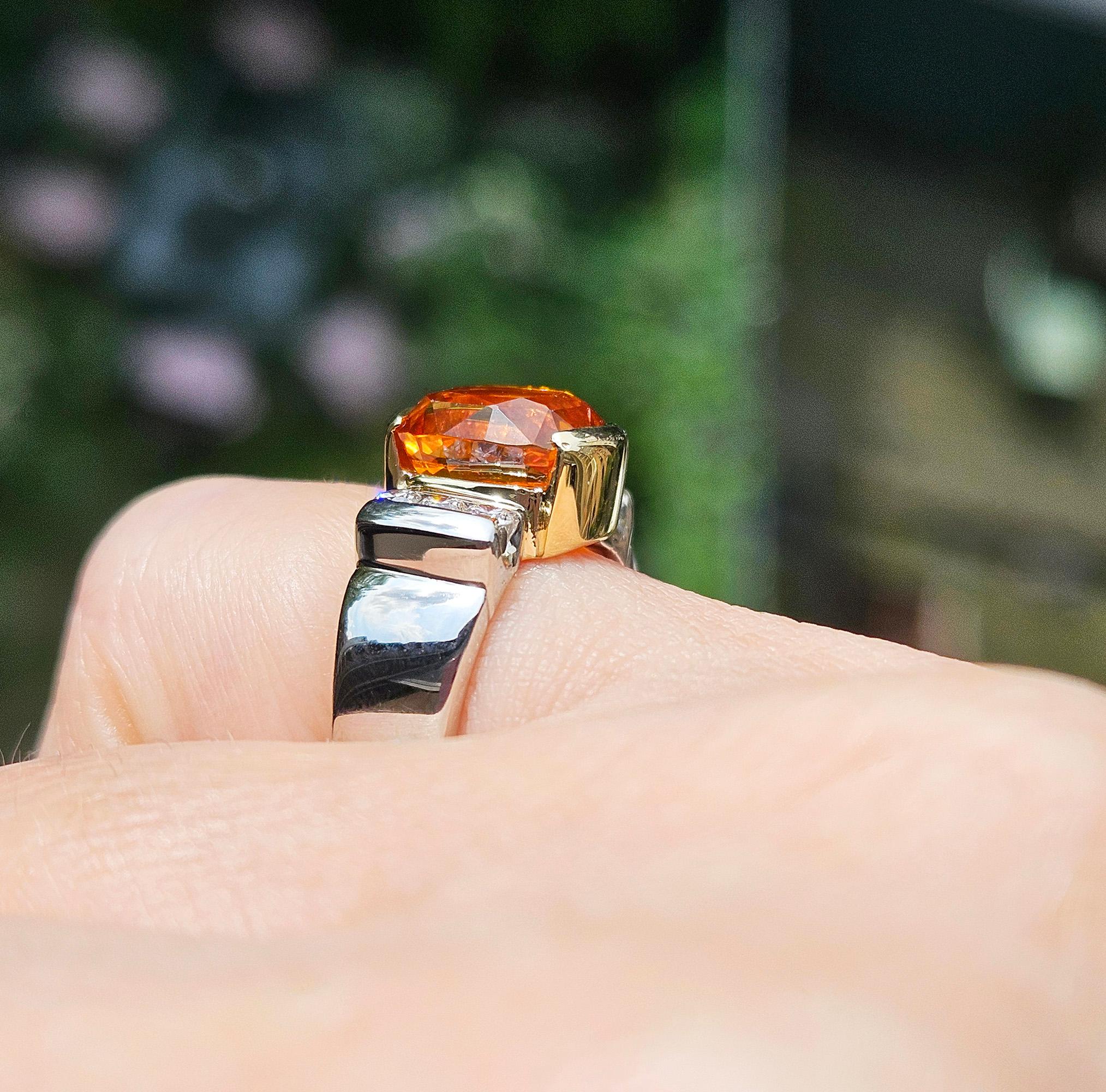 AGL 5.26ctw Natural Ceylon Orange Cushion Sapphire Diamond Platinum 18K Ring For Sale 10