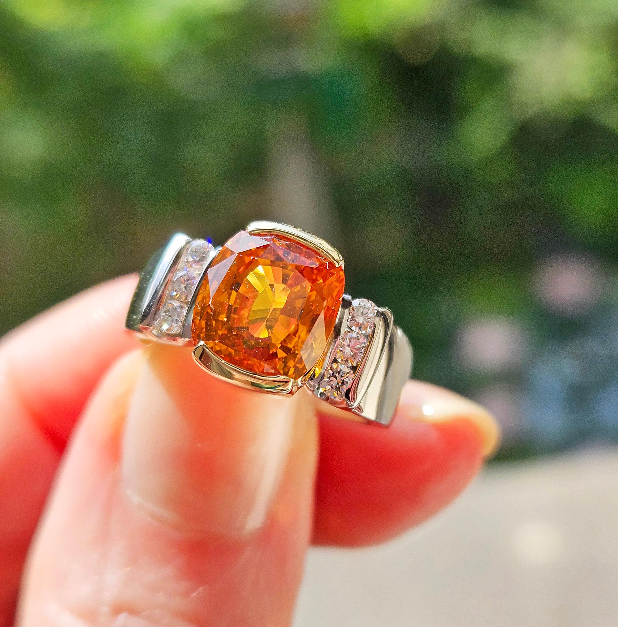 AGL 5.26ctw Natural Ceylon Orange Cushion Sapphire Diamond Platinum 18K Ring For Sale 11