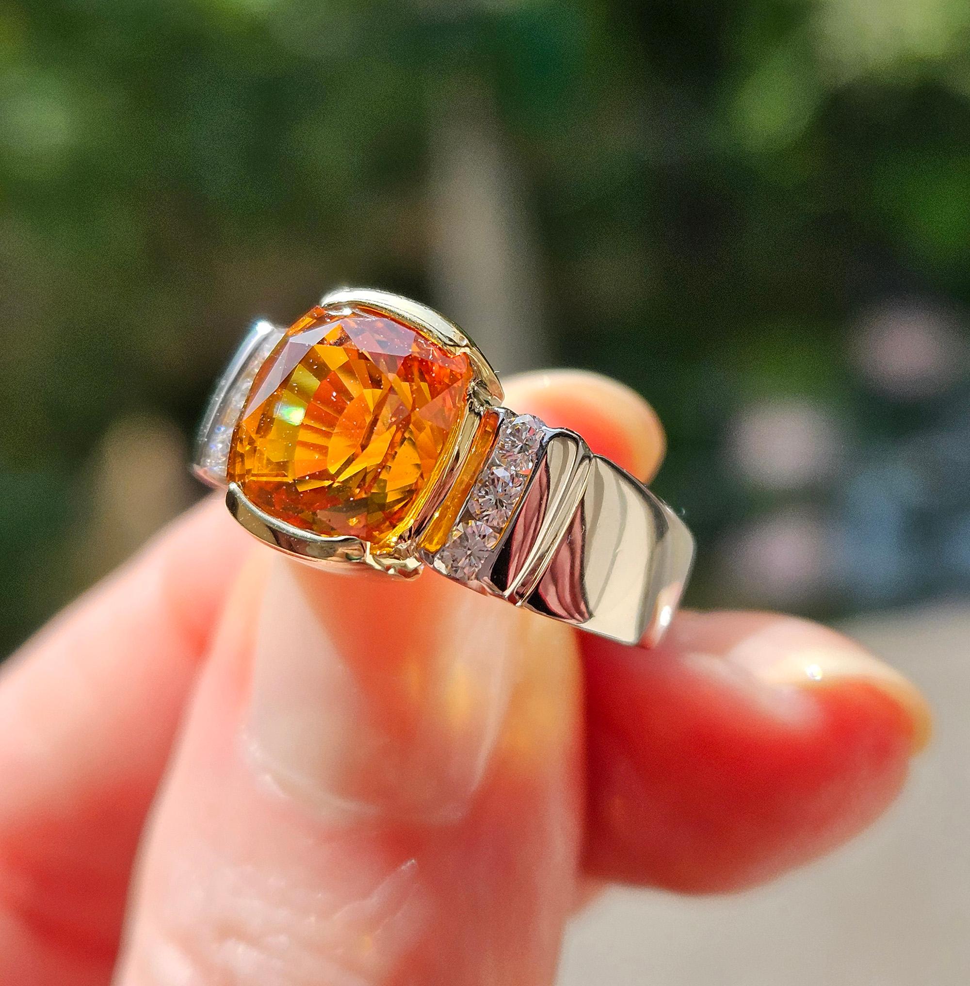 AGL 5.26ctw Natural Ceylon Orange Cushion Sapphire Diamond Platinum 18K Ring For Sale 12