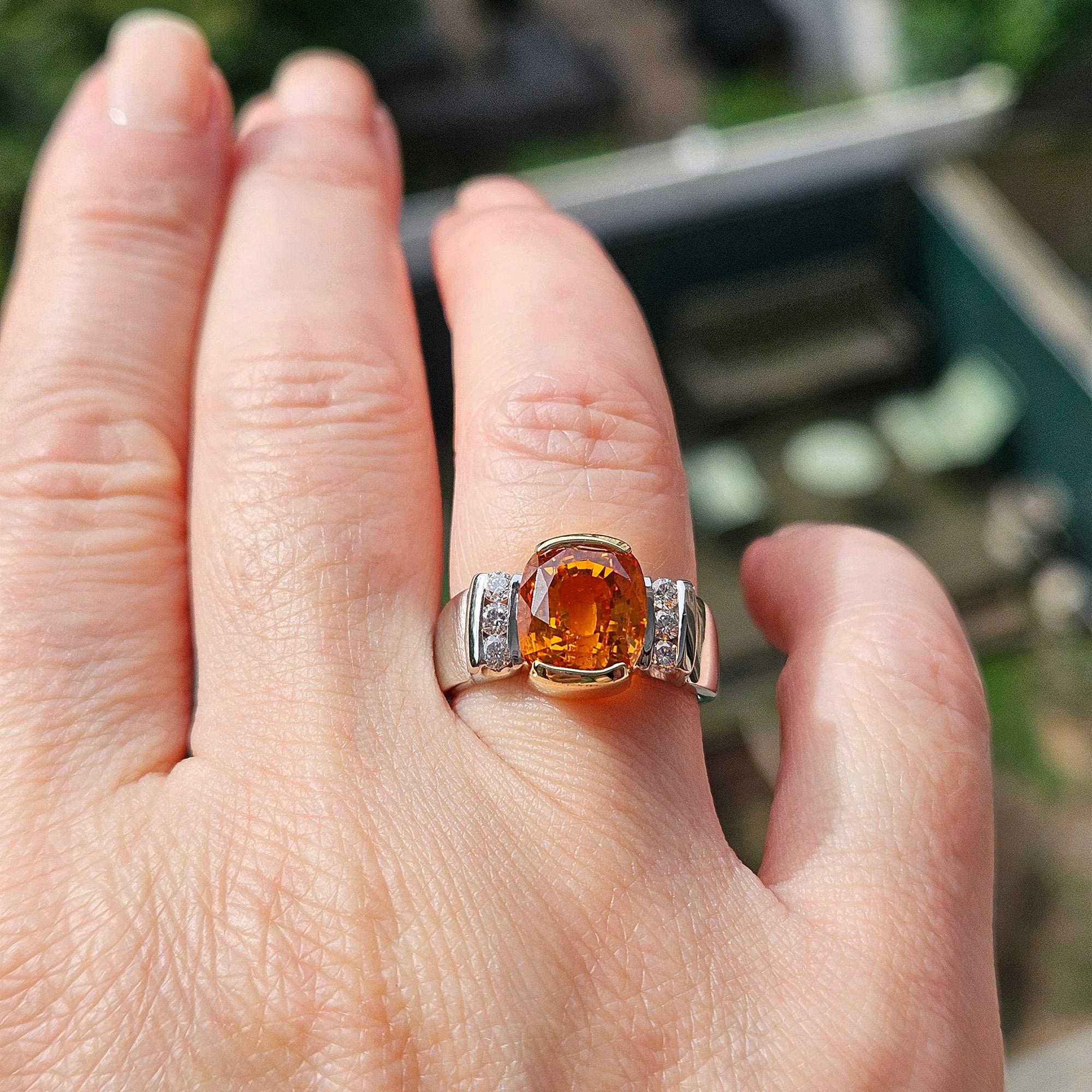 AGL 5.26ctw Natural Ceylon Orange Cushion Sapphire Diamond Platinum 18K Ring For Sale 13
