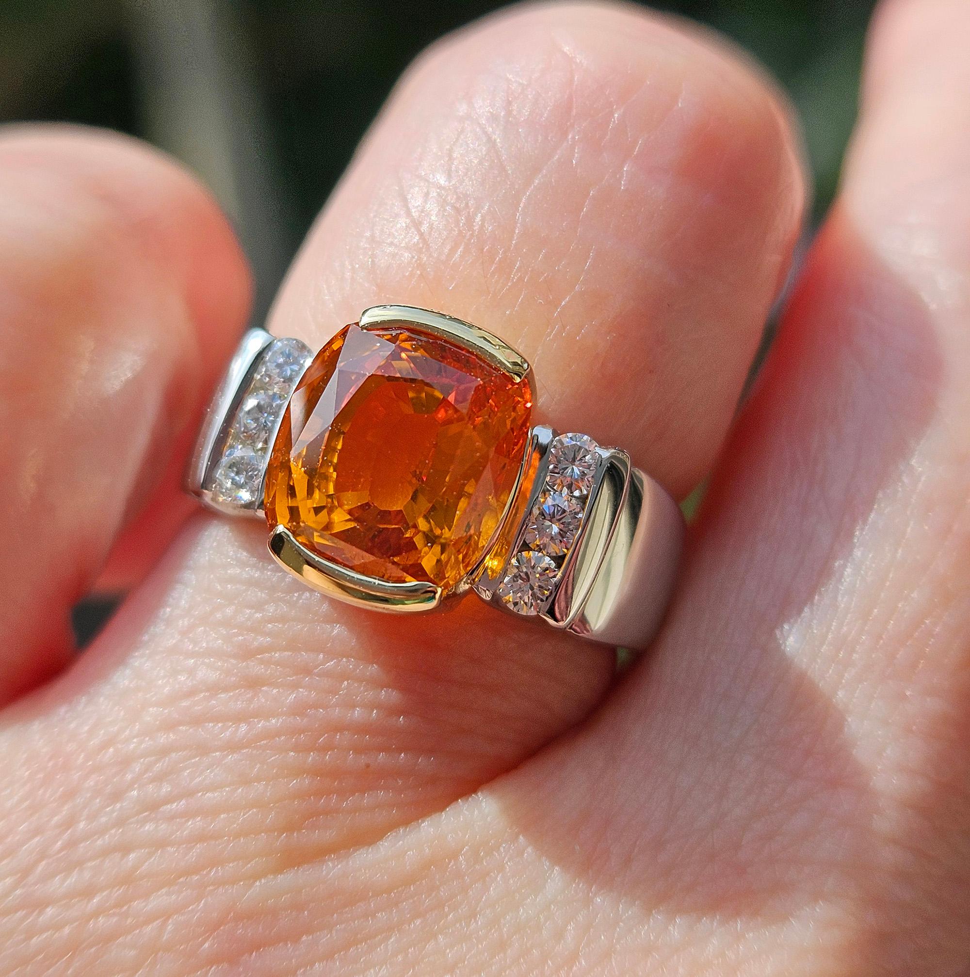 AGL 5.26ctw Natural Ceylon Orange Cushion Sapphire Diamond Platinum 18K Ring For Sale 14