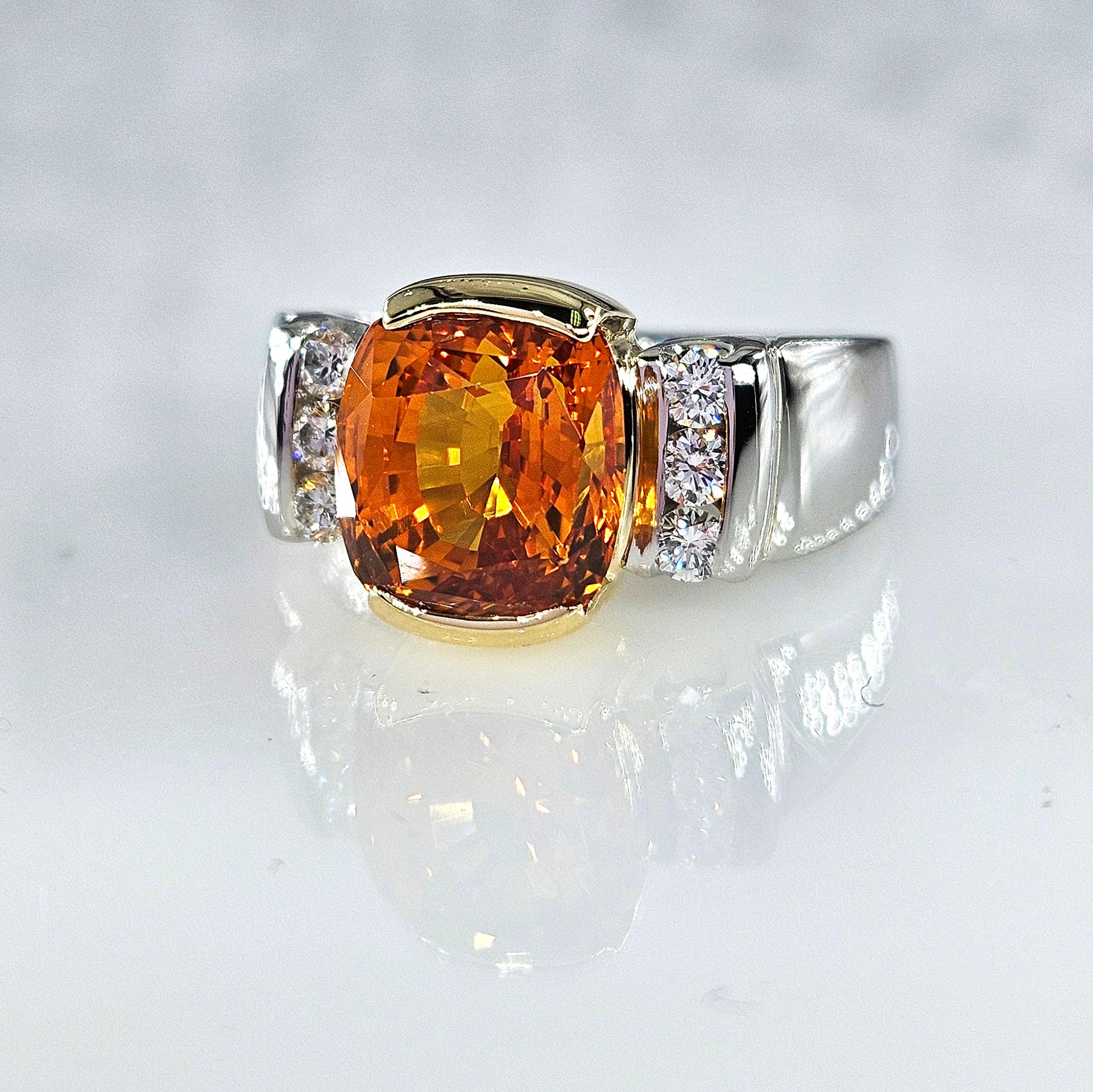 Contemporary AGL 5.26ctw Natural Ceylon Orange Cushion Sapphire Diamond Platinum 18K Ring For Sale