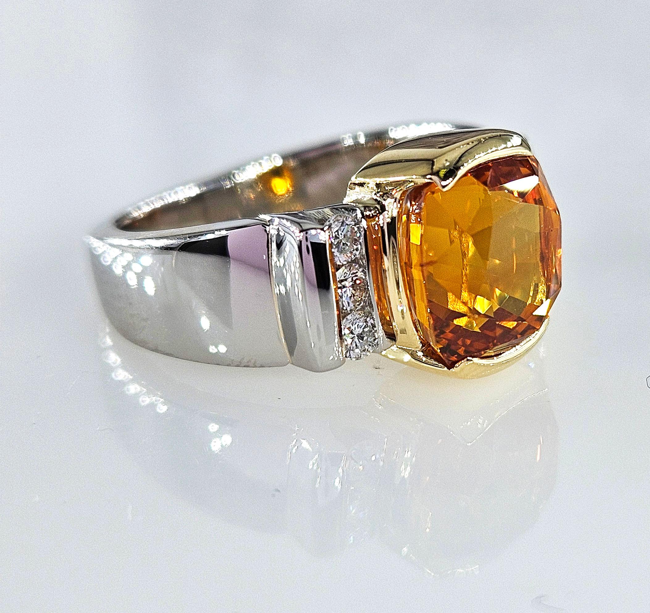 AGL 5.26ctw Natural Ceylon Orange Cushion Sapphire Diamond Platinum 18K Ring In Good Condition For Sale In New York, NY
