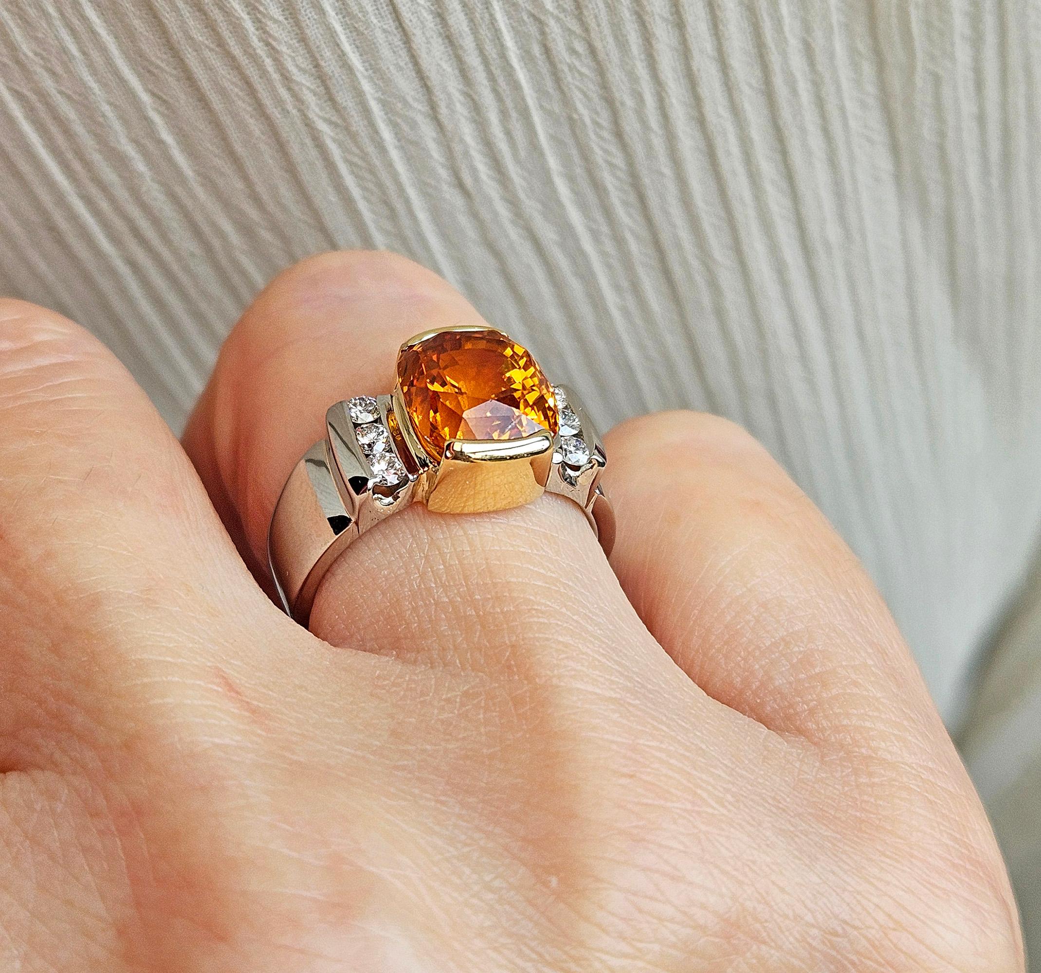 AGL 5.26ctw Natural Ceylon Orange Cushion Sapphire Diamond Platinum 18K Ring For Sale 3
