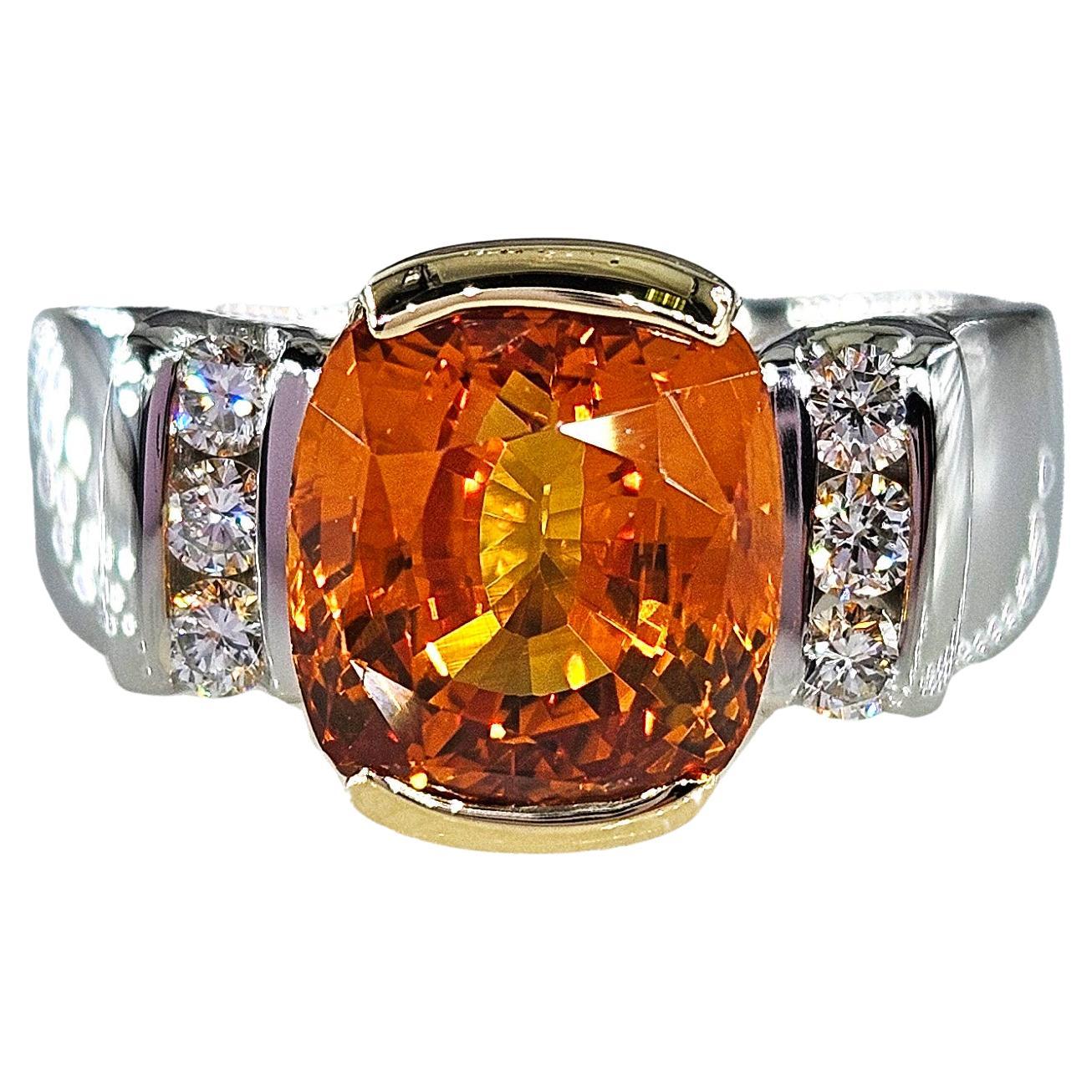 AGL 5.26ctw Natural Ceylon Orange Cushion Sapphire Diamond Platinum 18K Ring