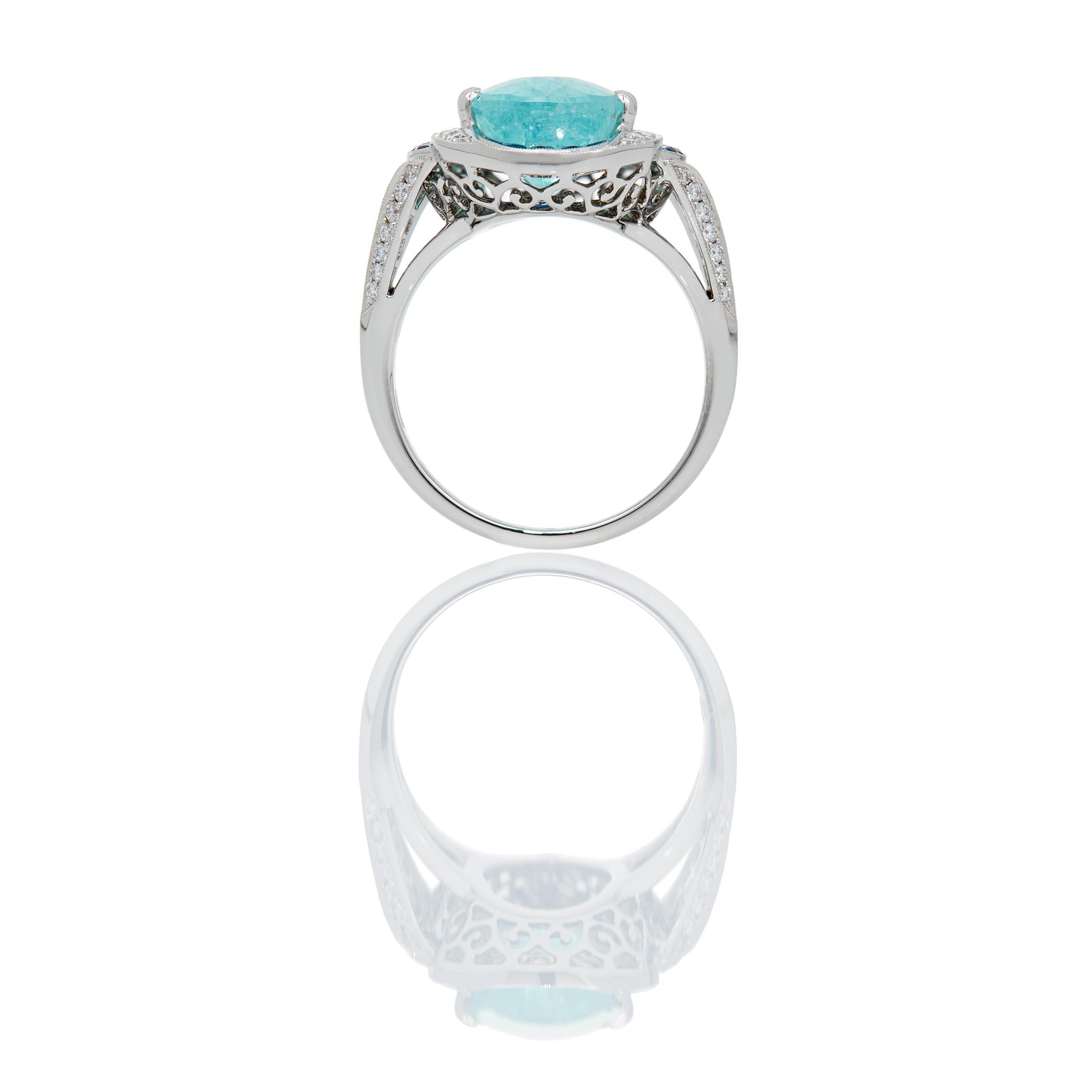 Art déco Bague en platine avec tourmaline Paraiba poire de 5,39 carats certifiée AGL et diamants en vente