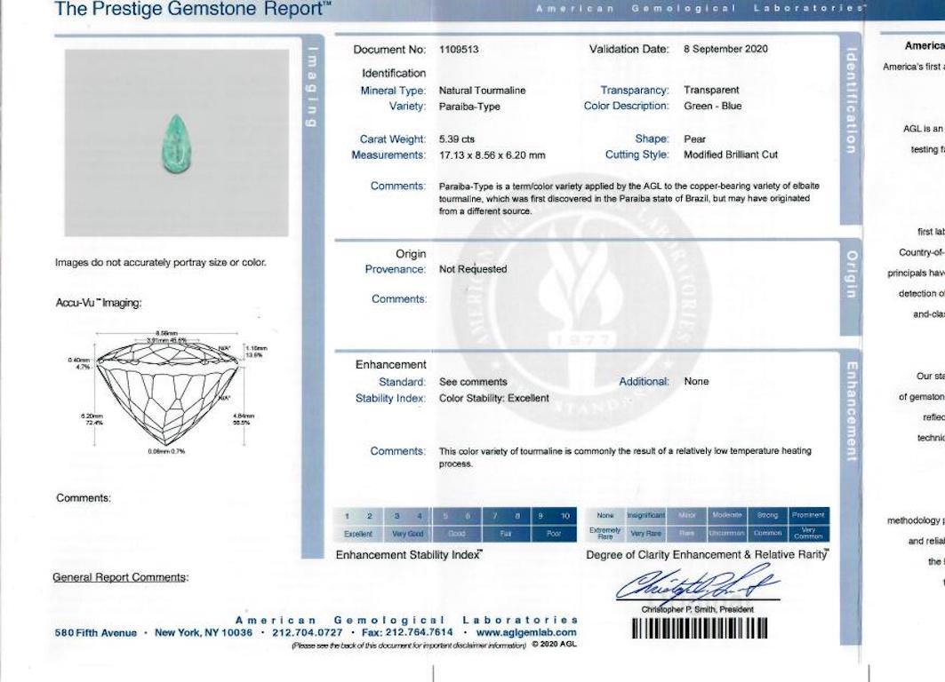 Bague en platine avec tourmaline Paraiba poire de 5,39 carats certifiée AGL et diamants Unisexe en vente