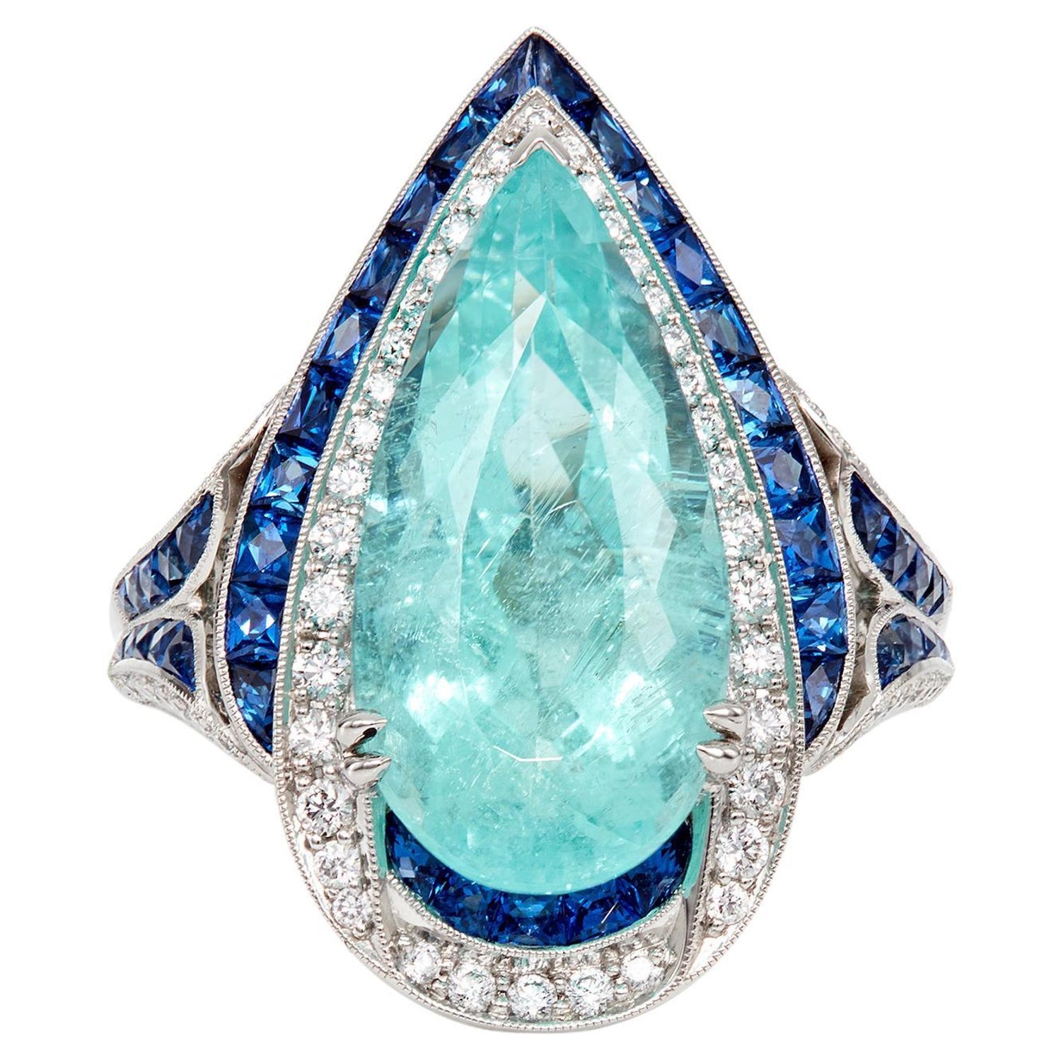 AGL 5.39 Carat Pear Paraiba Tourmaline Platinum Ring with Sapphire and  Diamonds For Sale at 1stDibs